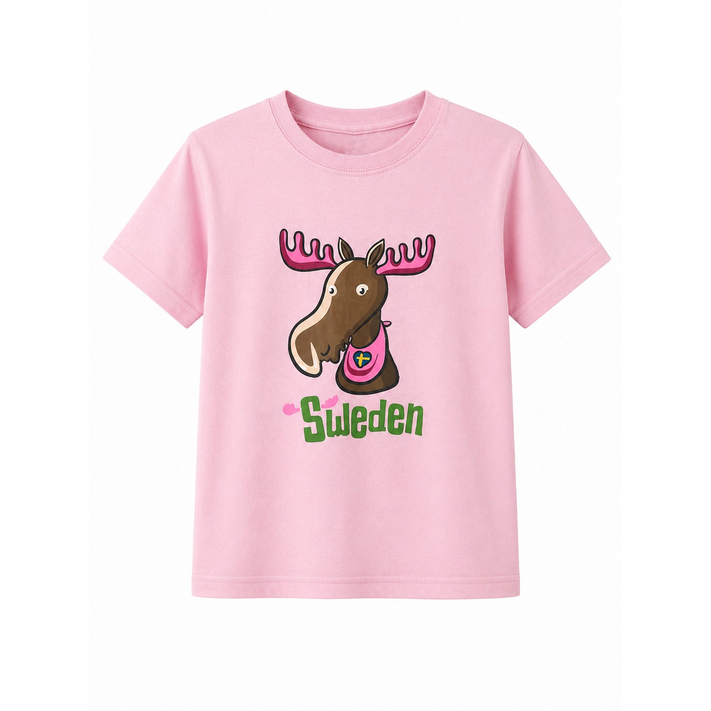 Rosa barn t-shirt med motiv av tecknad älg och texten "Sweden"