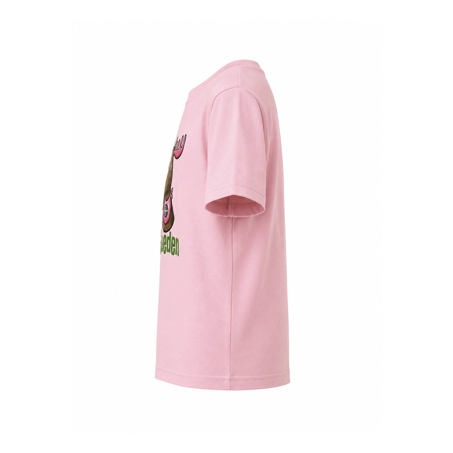 Rosa barn t-shirt med motiv av tecknad älg och texten "Sweden"