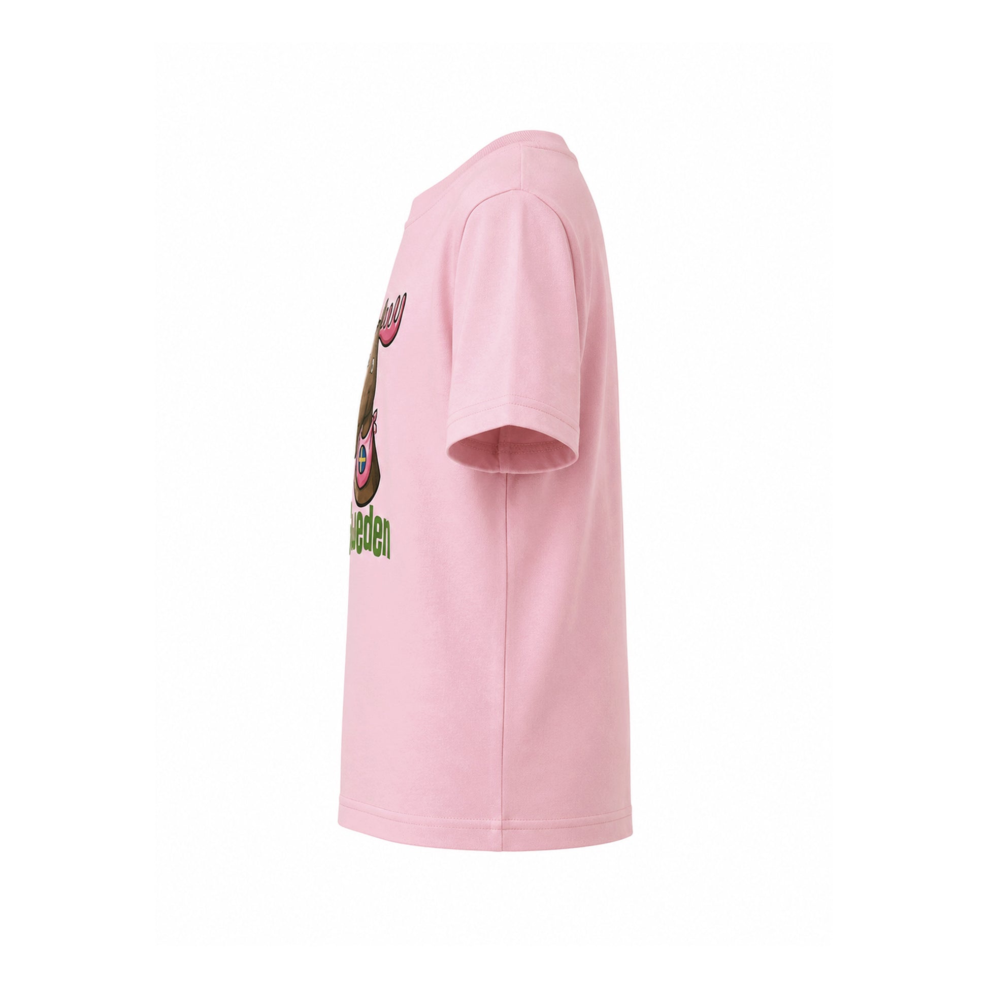 Rosa barn t-shirt med motiv av tecknad älg och texten "Sweden"