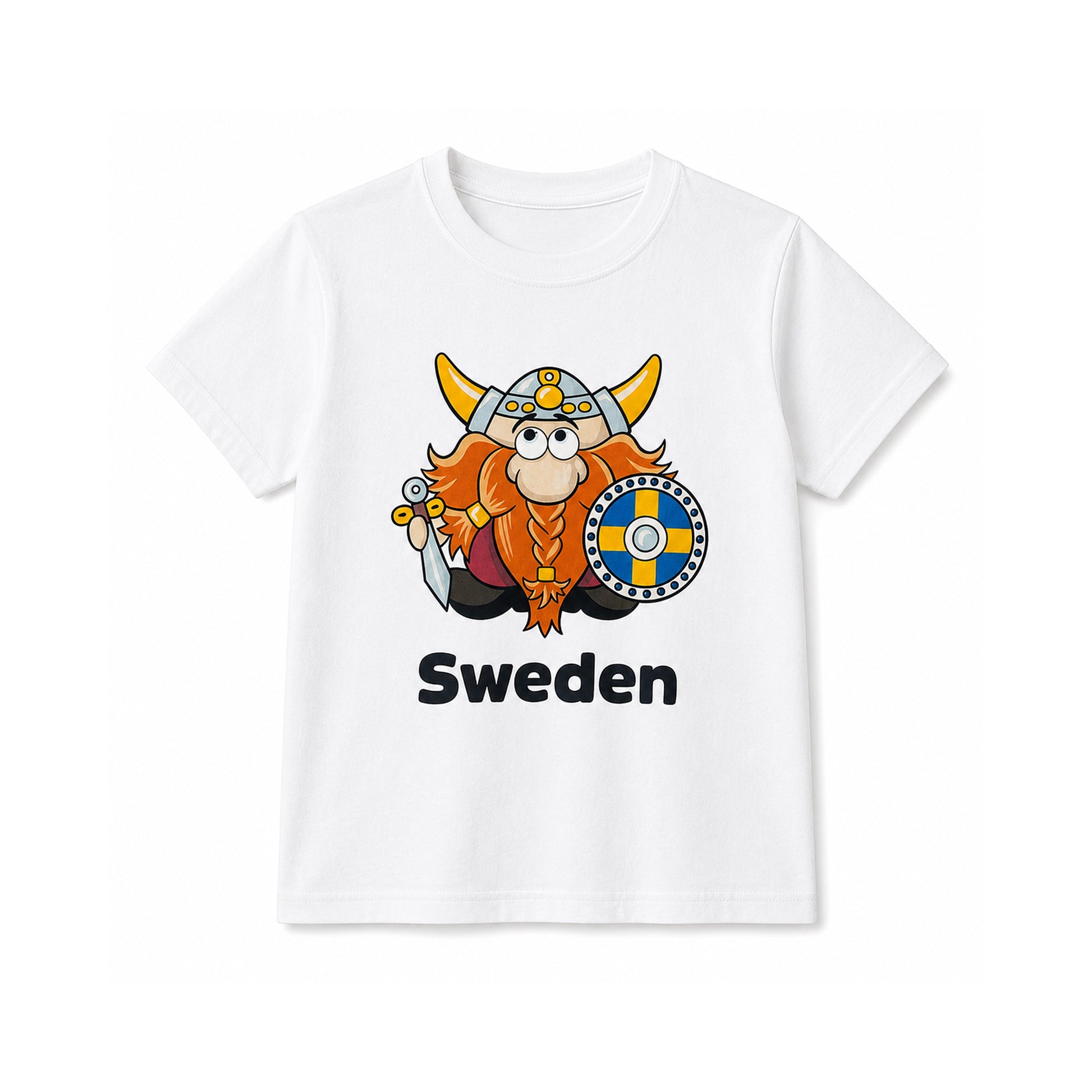 Vit Barn T-shirt med motiv av en rolig tecknad viking och texten "Sweden".