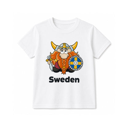 Vit Barn T-shirt med motiv av en rolig tecknad viking och texten "Sweden".