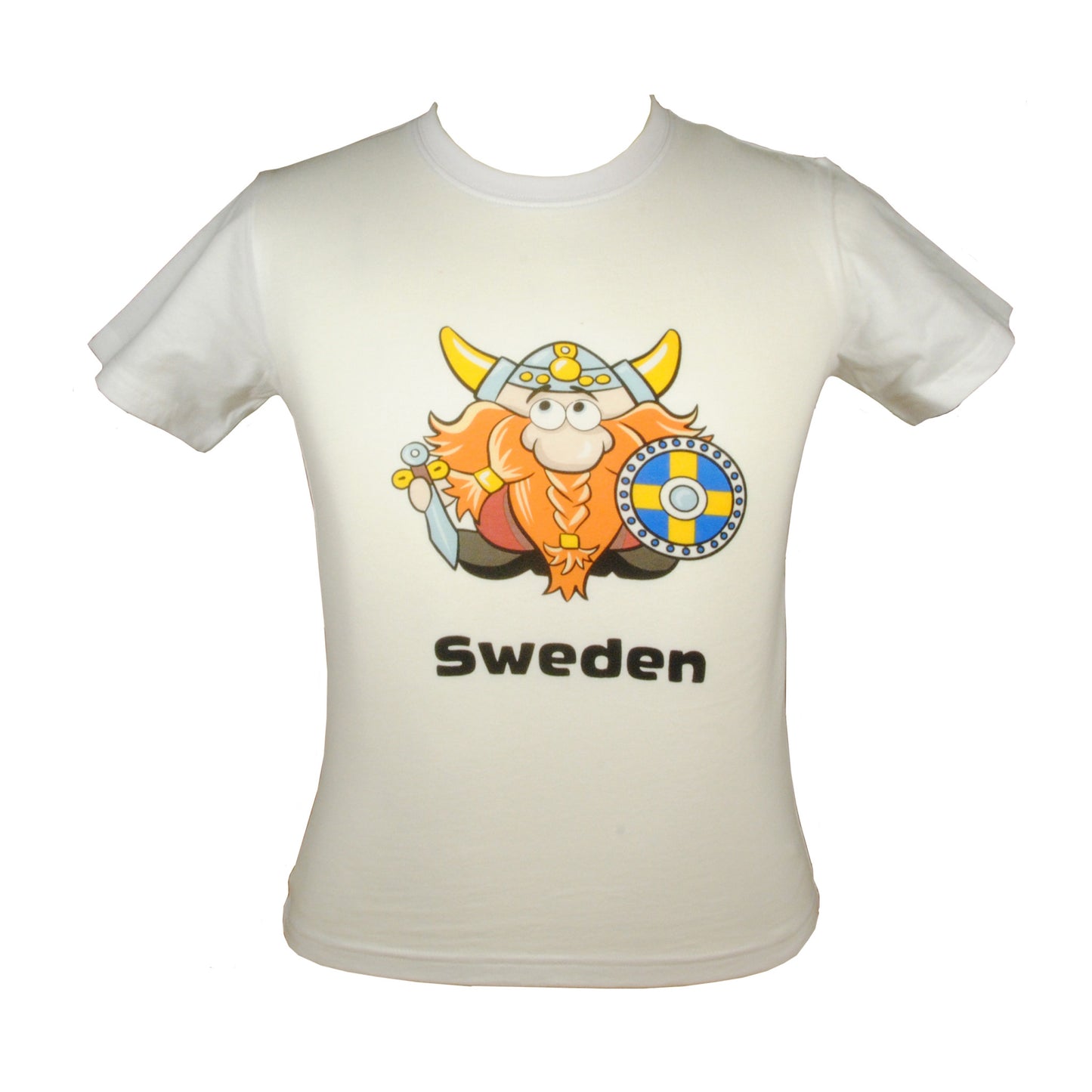 Vit Barn T-shirt med motiv av en rolig tecknad viking och texten "Sweden".