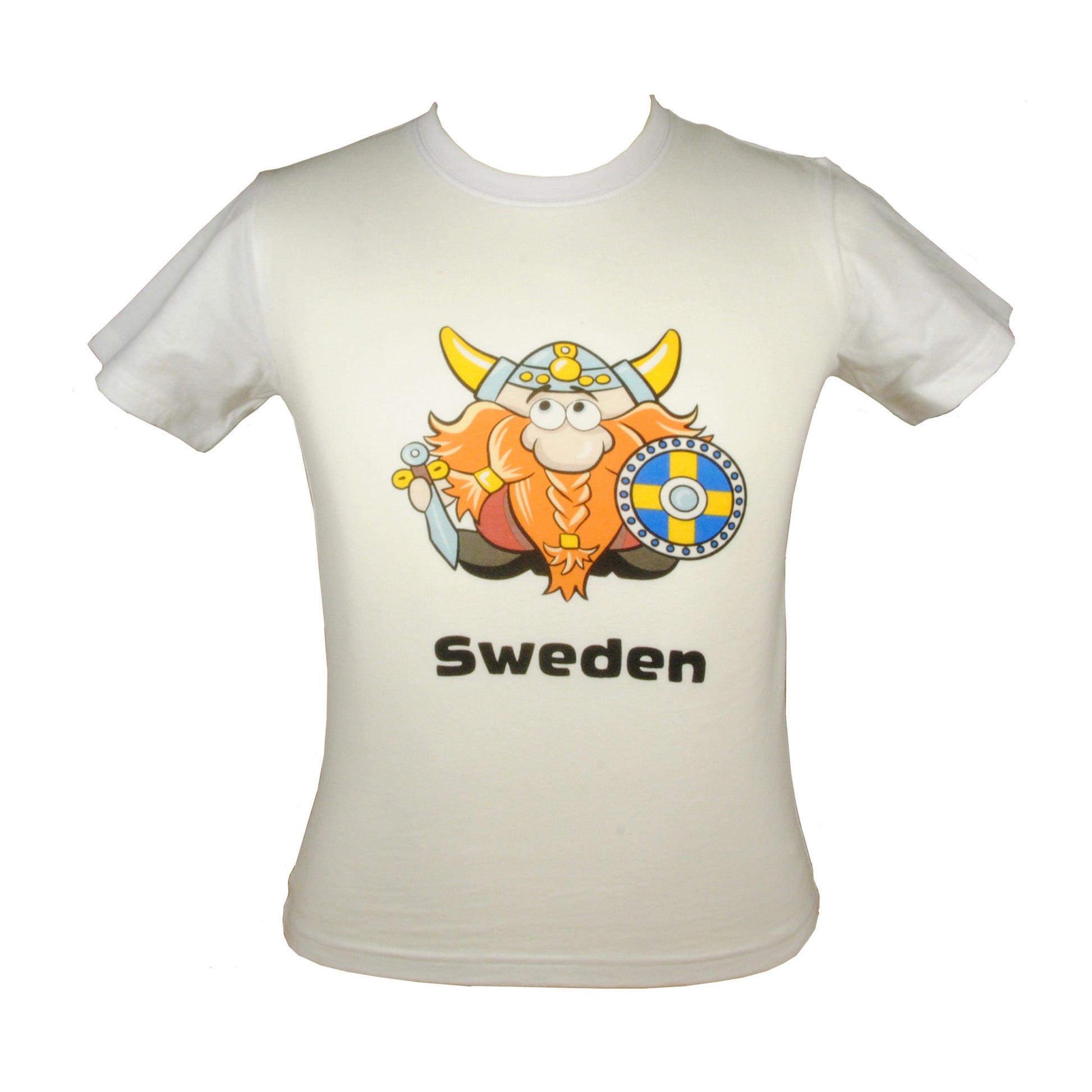Vit Barn T-shirt med motiv av en rolig tecknad viking och texten "Sweden".