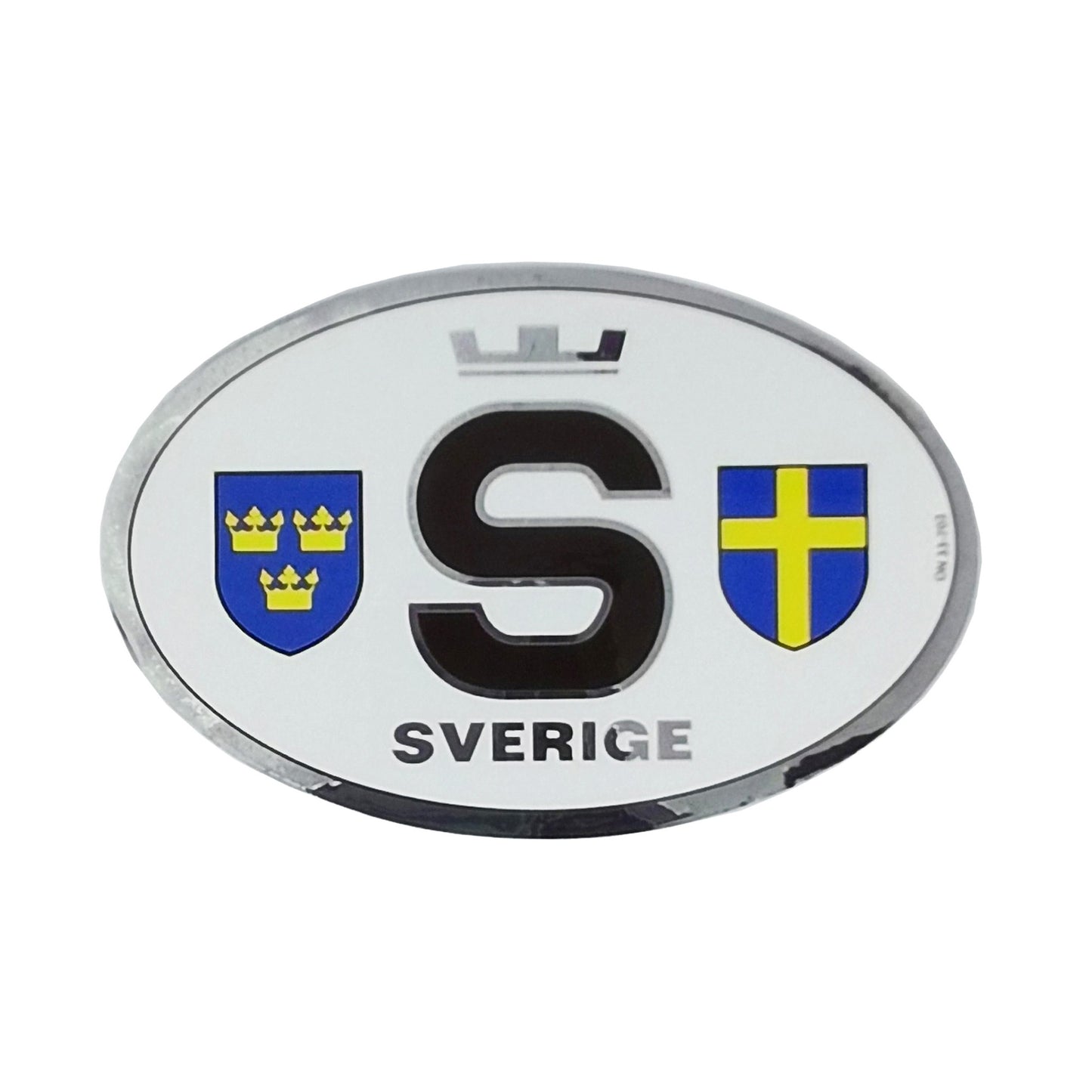 Bildekal med svenska flaggan, tre kronor och ett S-märke.