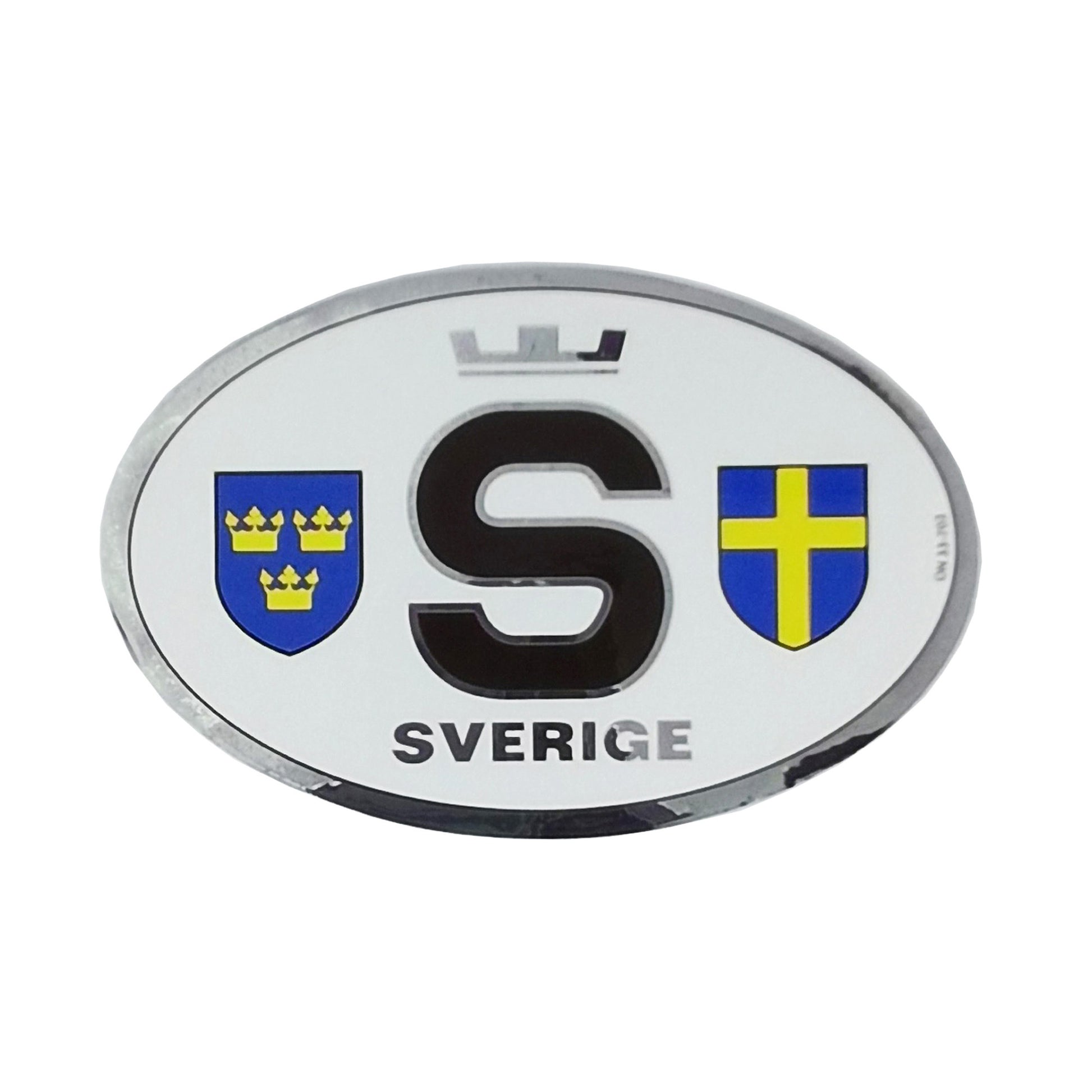 Bildekal med svenska flaggan, tre kronor och ett S-märke.