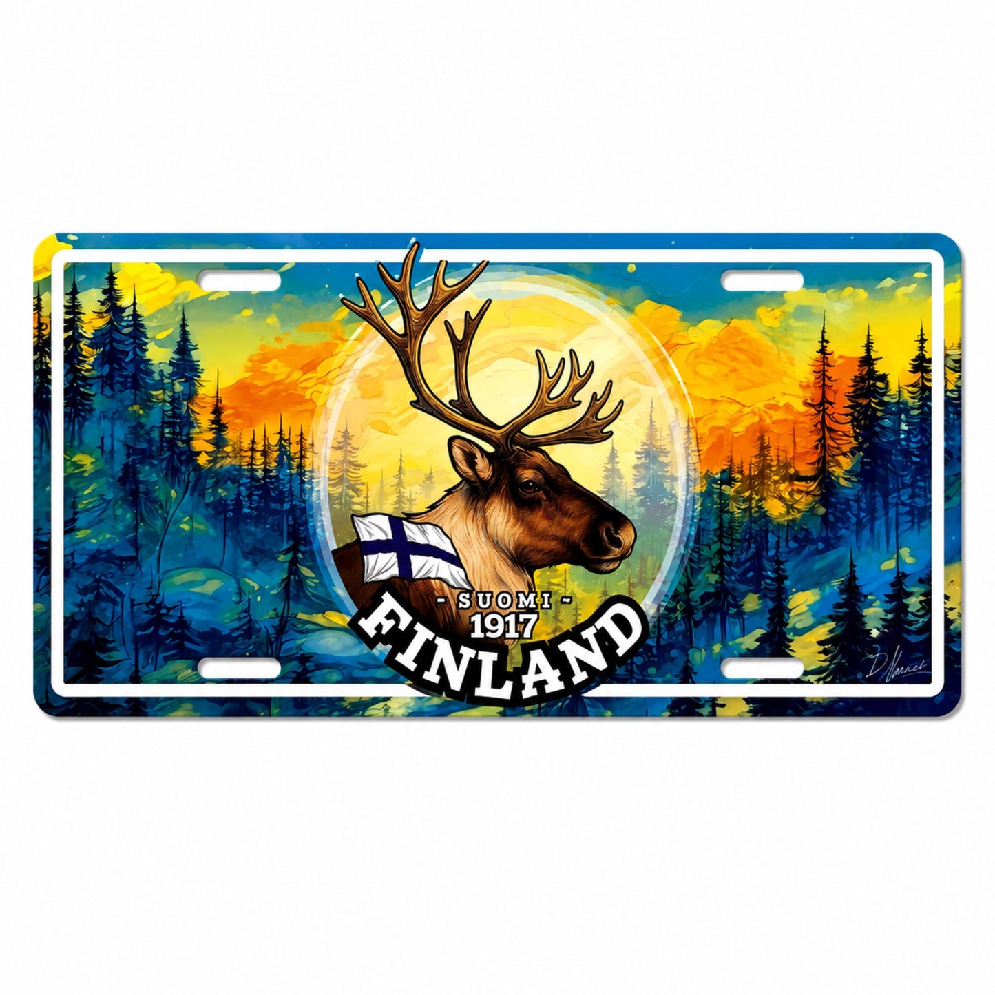 Bilskylt med renmotiv och texten "Finland", designad som en amerikansk registreringsskylt. 