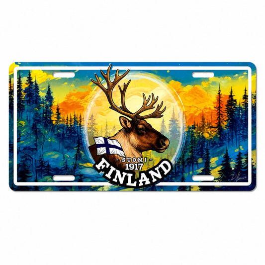 Bilskylt med renmotiv och texten "Finland", designad som en amerikansk registreringsskylt. 