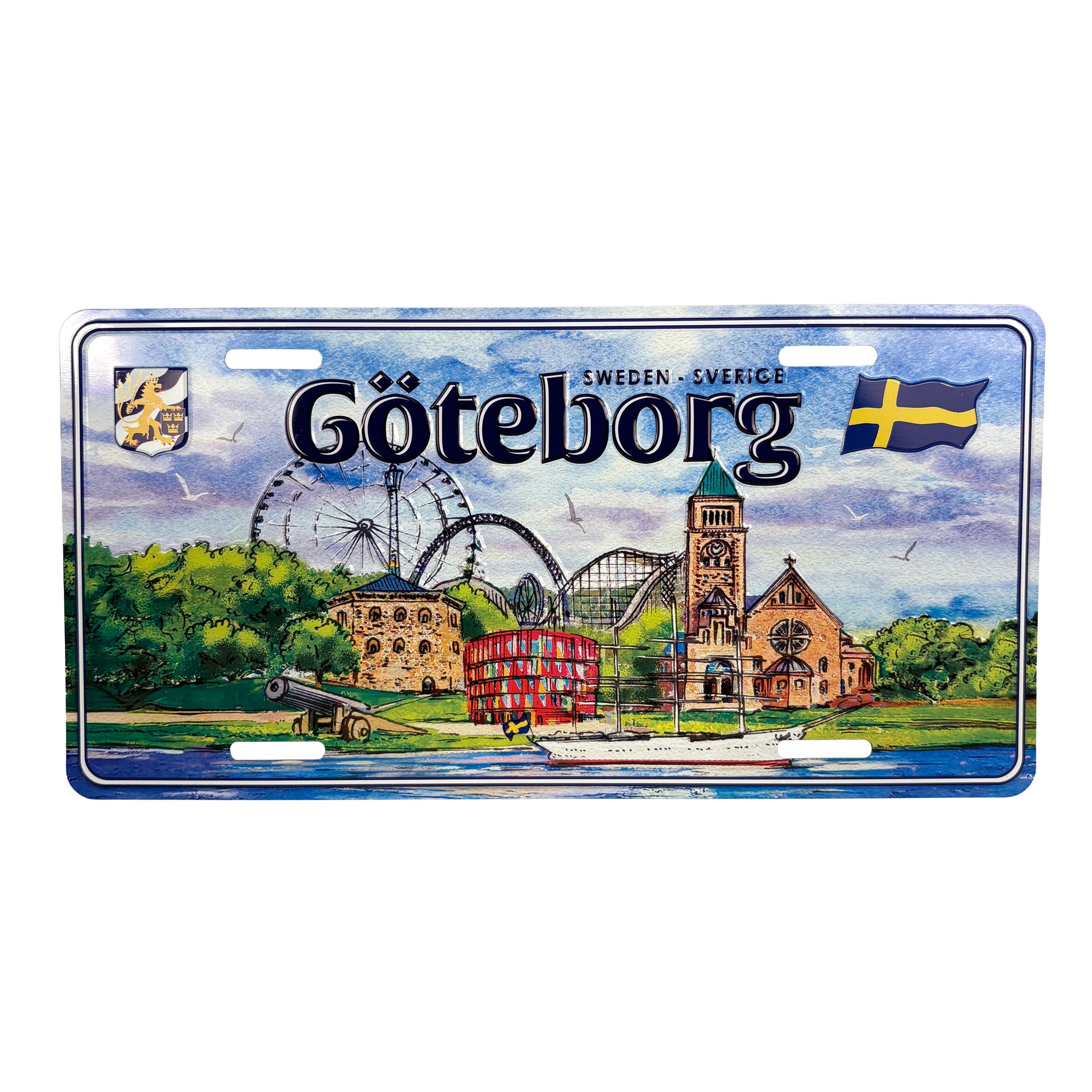 Snygg bilskylt med Göteborgsmotiv i amerikansk registreringsskyltstil, perfekt som väggdekoration. 
