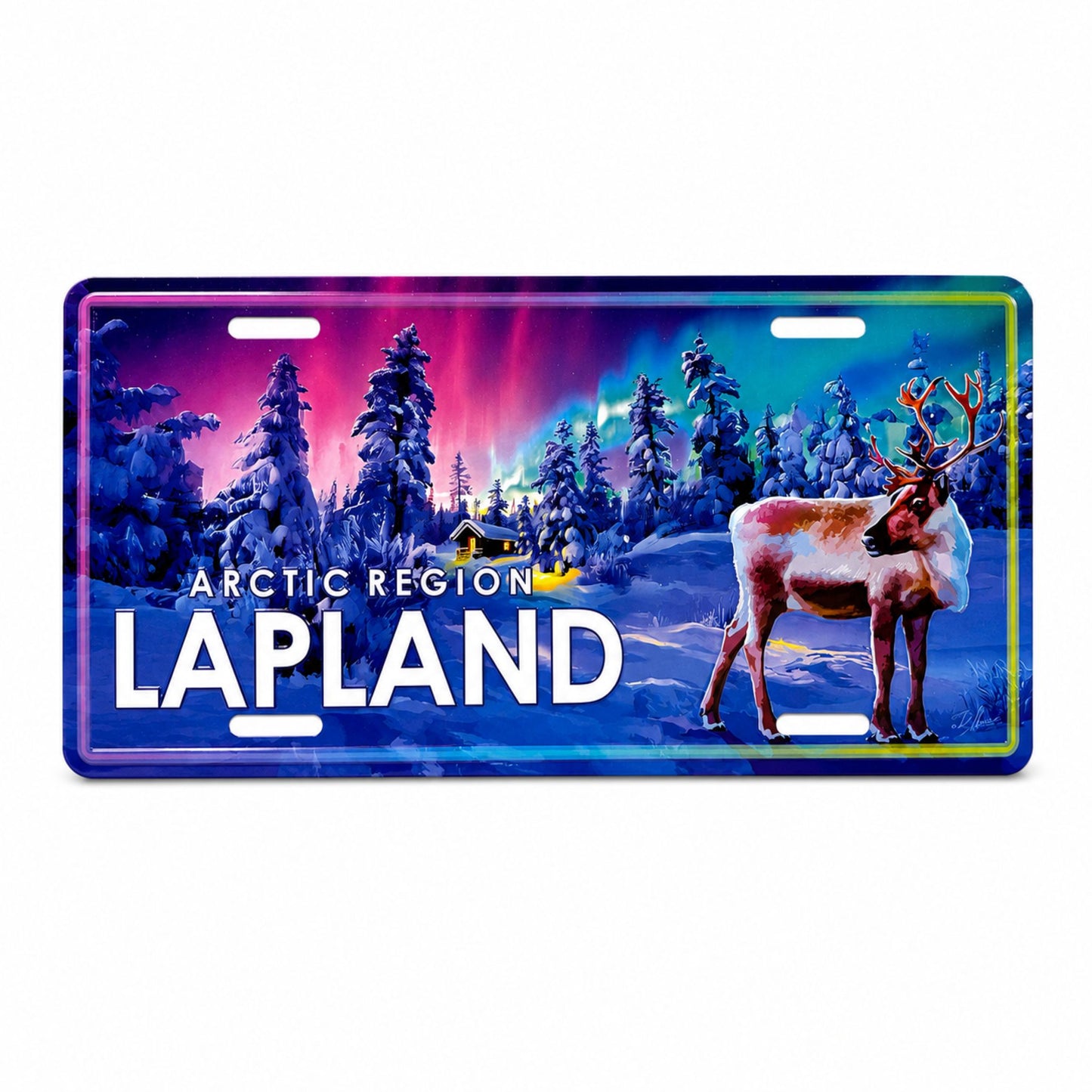 Bilskylt med stående ren med norrsken i bakgrunden och texten "Arctic region" "Lapland"