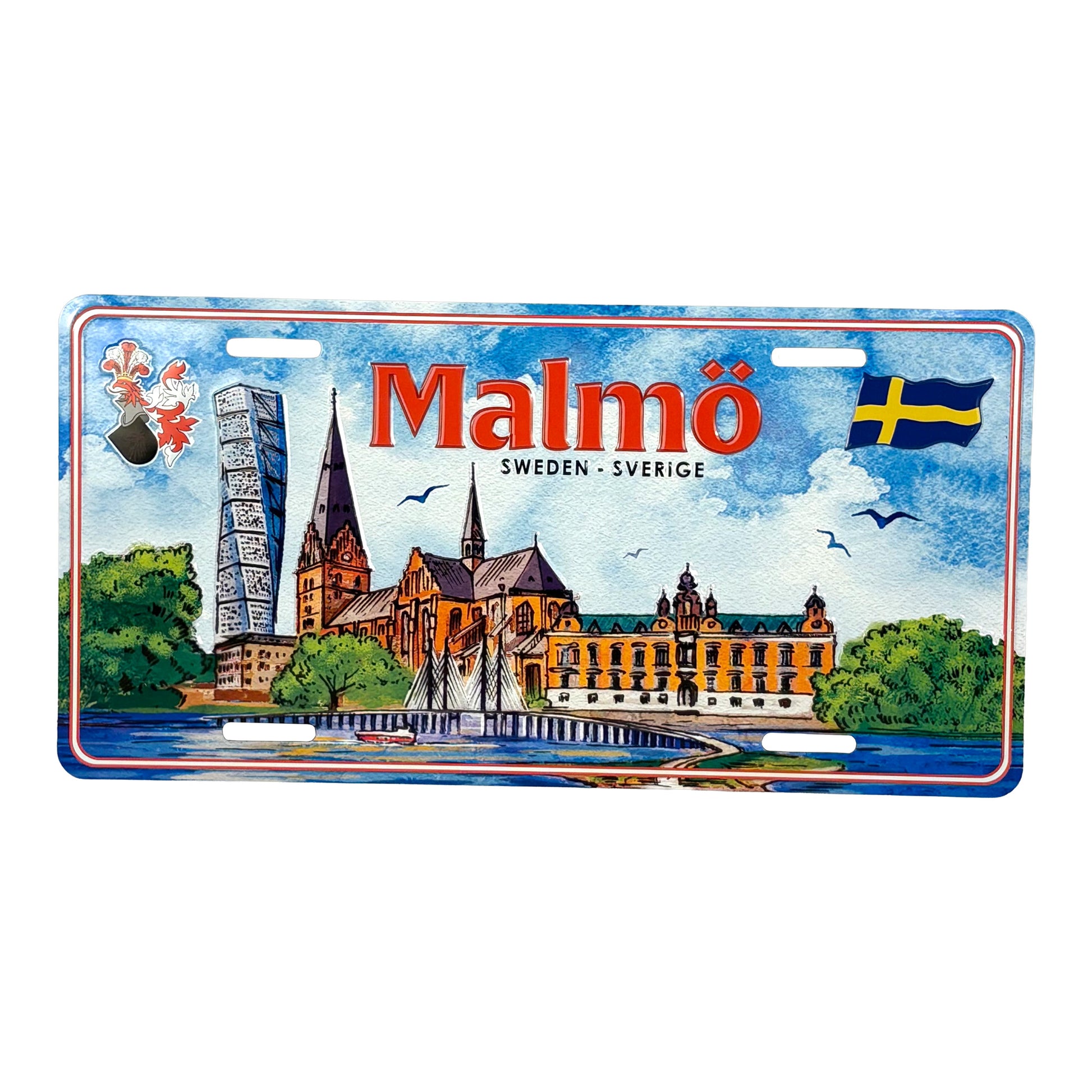 Bilskylt med motiv från Malmö, inspirerad av amerikanska registreringsskyltar, med detaljer som Turning Torso och Öresundsbron. 