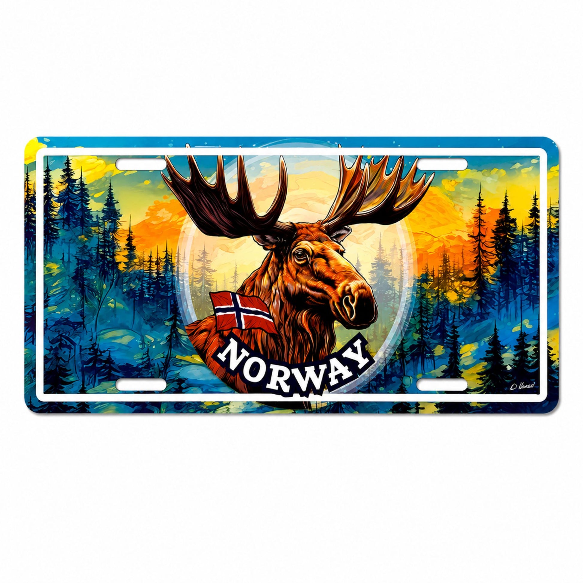 Bilskylt med älgmotiv och texten "Norway", designad som en amerikansk registreringsskylt. 