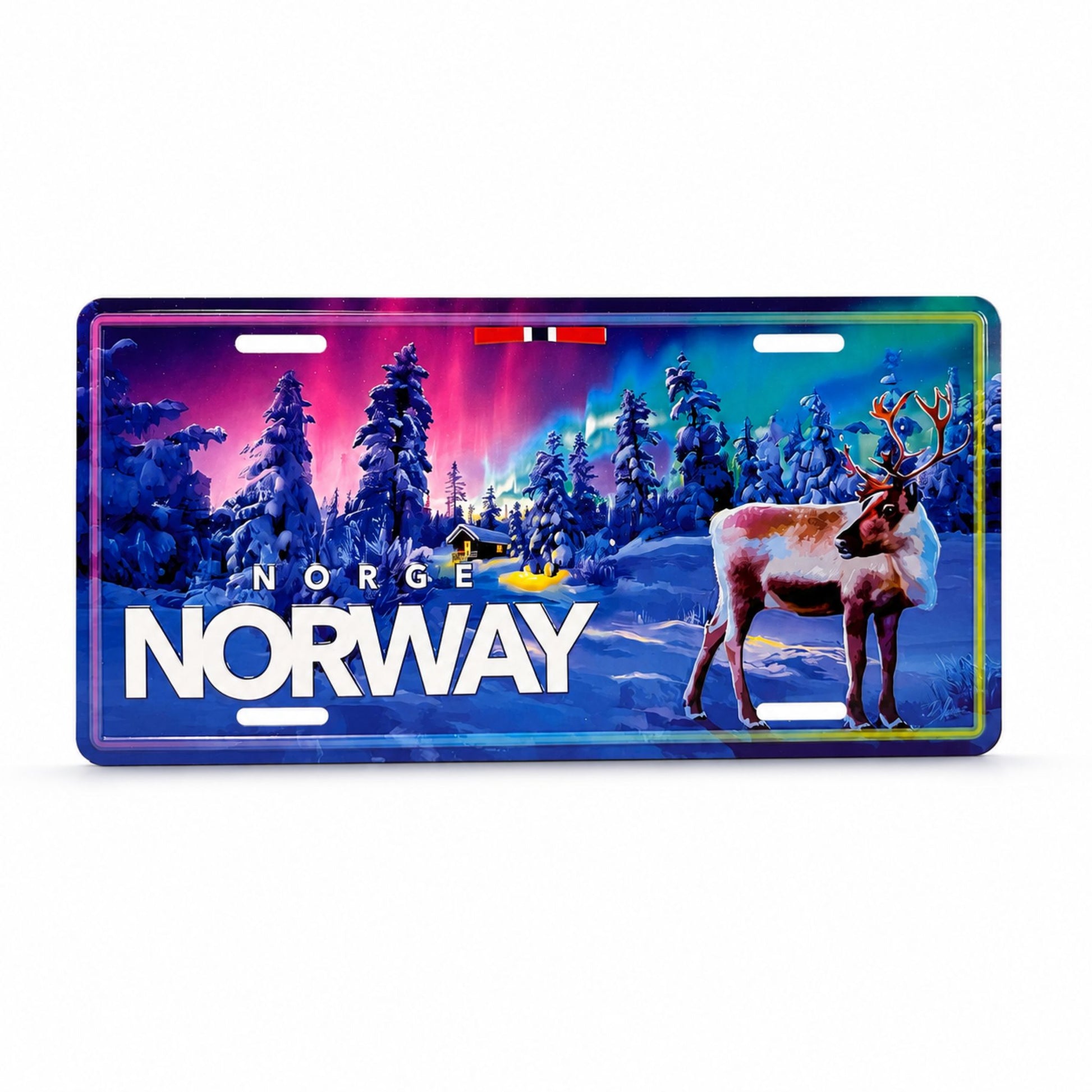Bilskylt med stående ren med norrsken i bakgrunden och texten "Norge Norway"