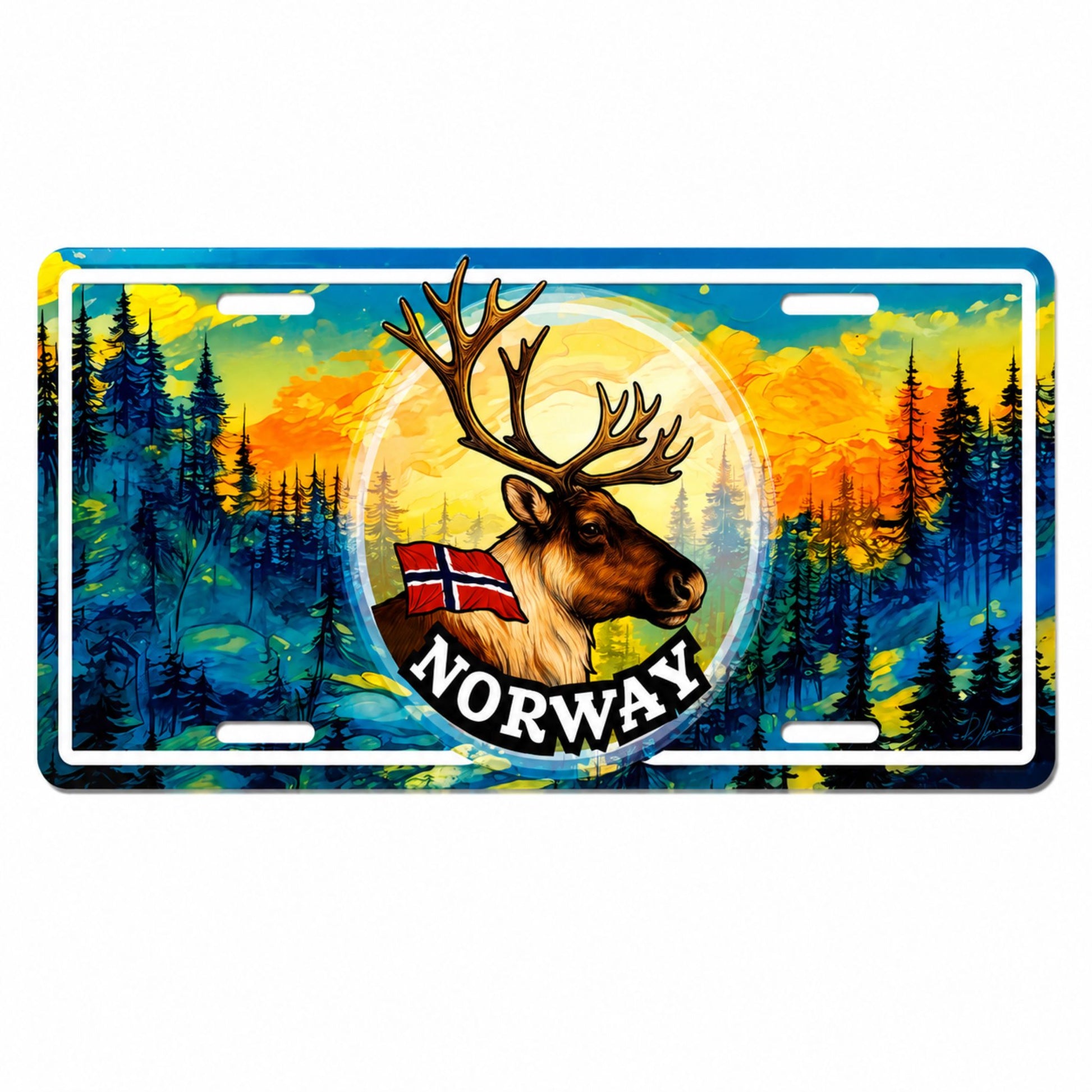 Bilskylt med renmotiv och texten "Norway", designad som en amerikansk registreringsskylt. 
