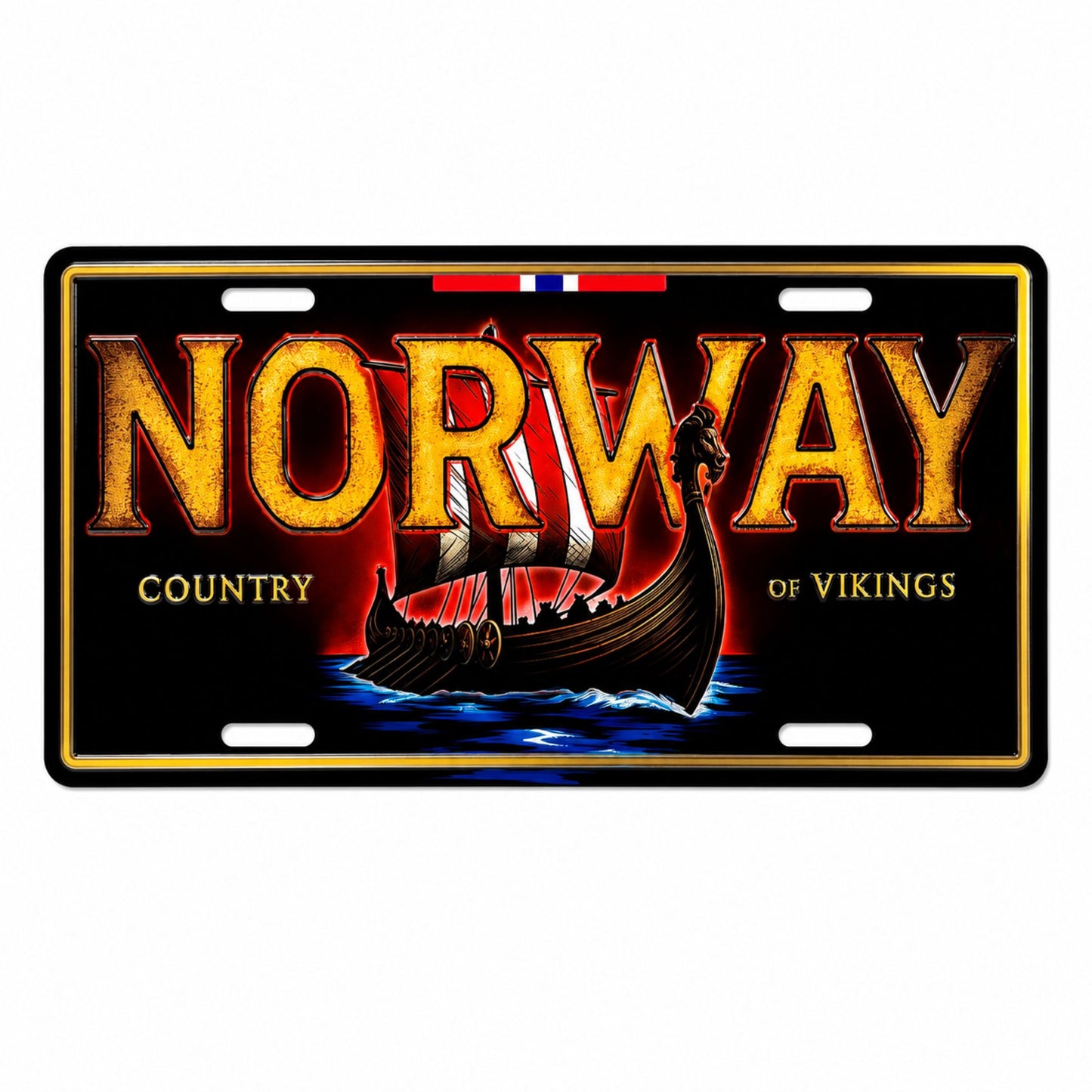 Svart bilskylt med vikingaskepp seglandes på havet med texten "Norway Country Of Vikings" och en del av norska flaggan högst upp.