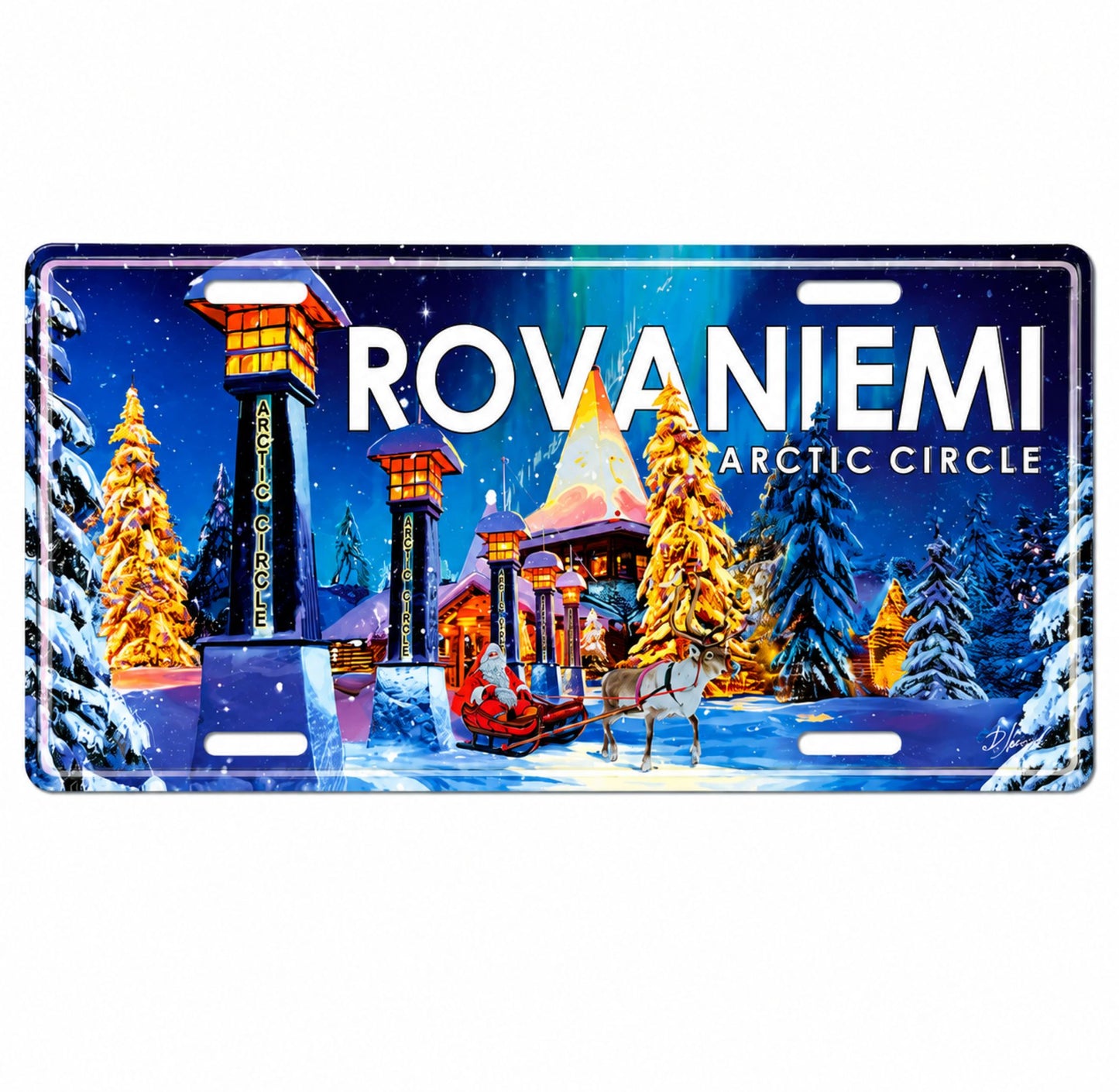 Bilskylt med tomte i släde och ren med snötäckt skog med norrsken och texten "Rovaiemi" "Arctic Circle"