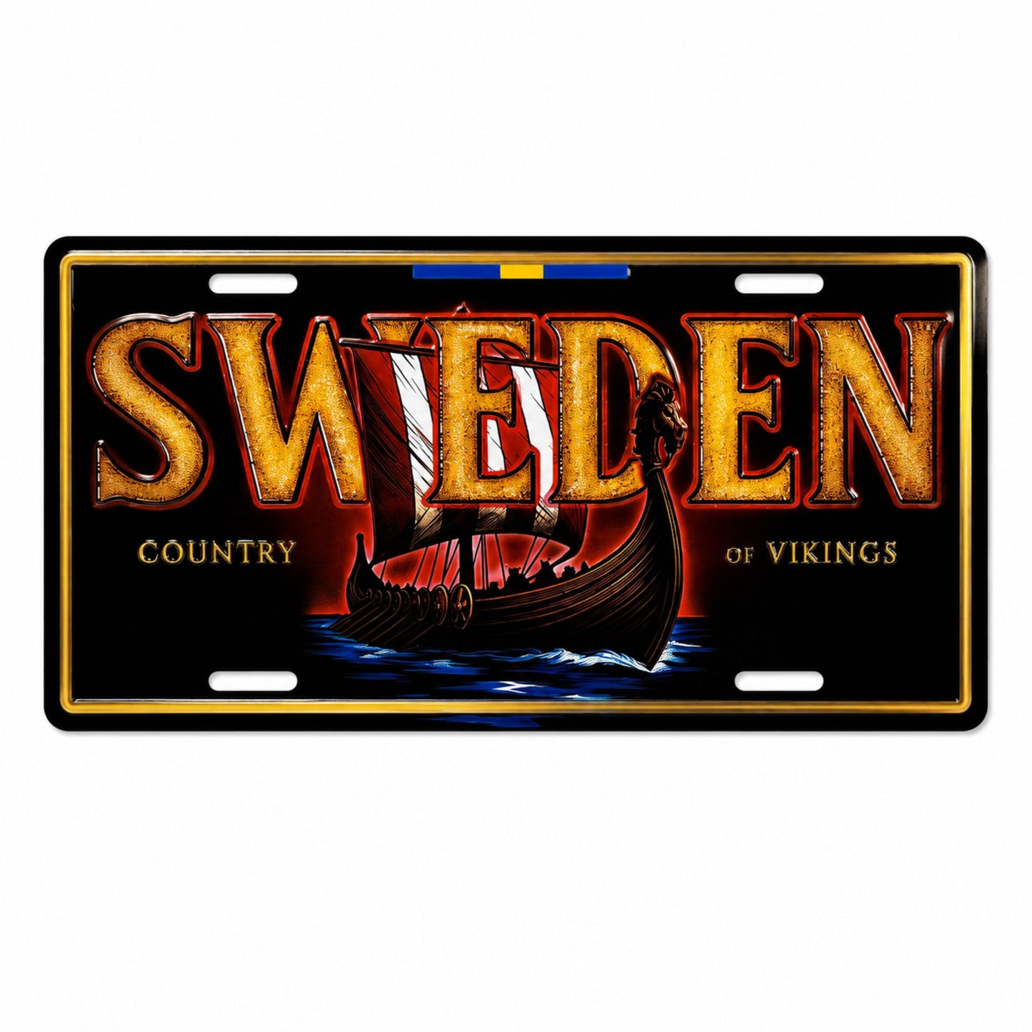 Bilskylt med vikingaskepp seglandes på havet med svart bakgrund och texten "Sweden Country Of Vikings". 