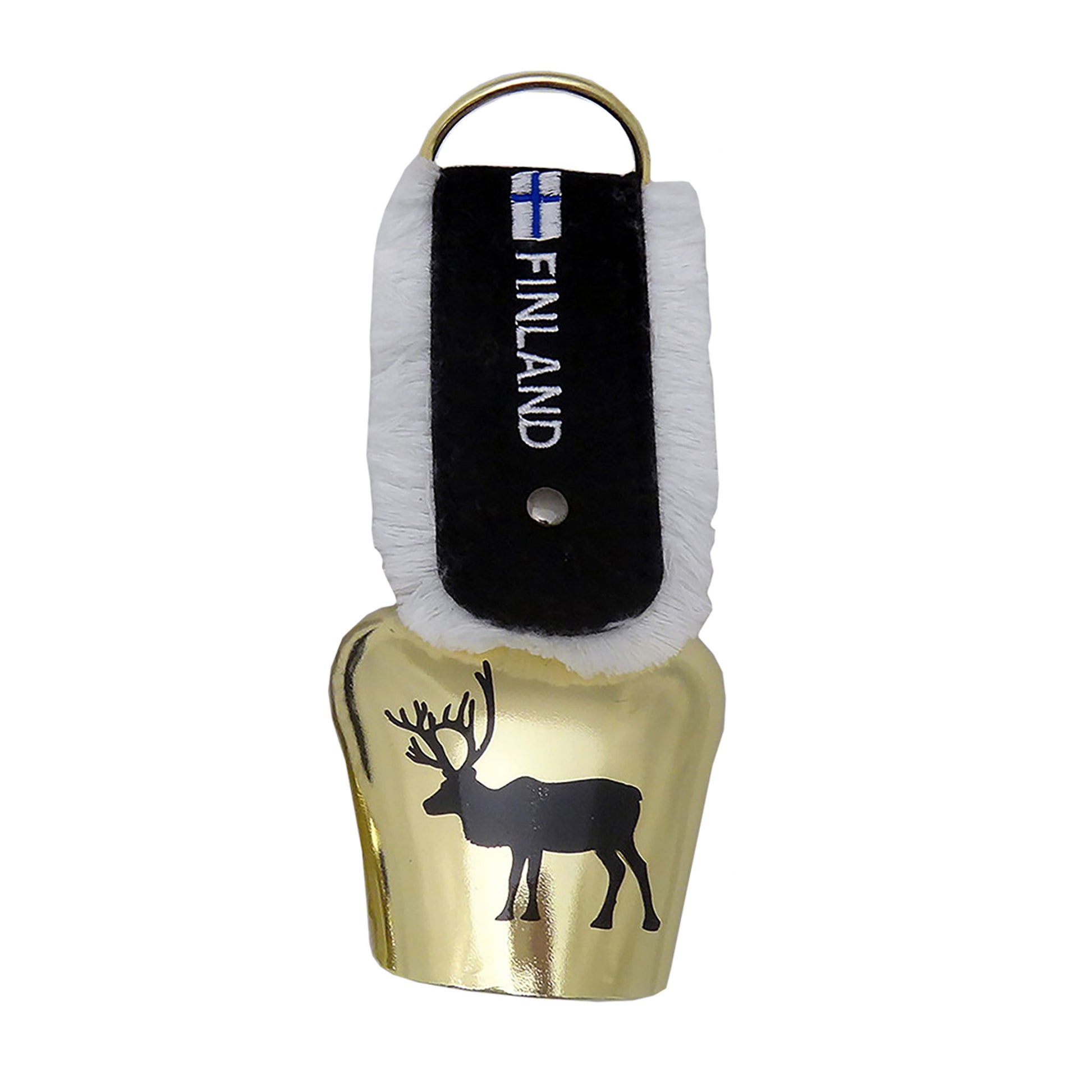 Gulfärgad bjällra med svart renmotiv och svart band med texten Finland – souvenir bordsklocka, 17,5 cm.