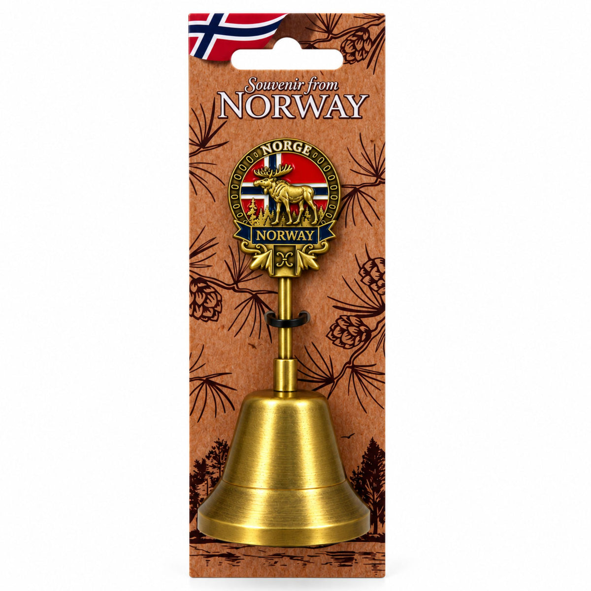 Guldfärgad metallbordsklocka med stående älg framför norsk flagga och skog, i hängetikett med texten ”Souvenir from NORWAY”.