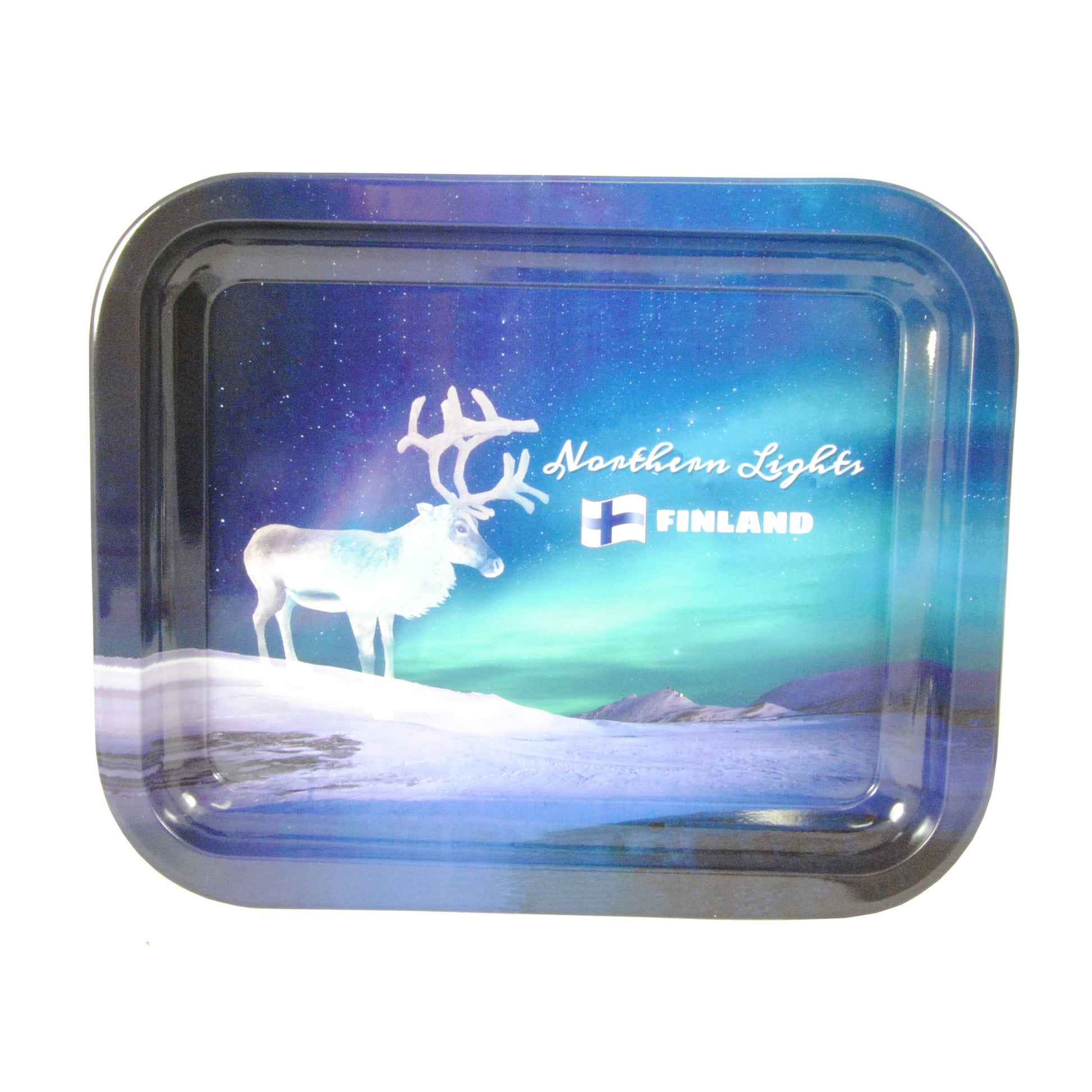 Metallbricka 20 x 16,5 cm med norrskensmotiv, snöigt fjällandskap med ren, finska flaggan och texterna "FINLAND" och "Northern Lights".