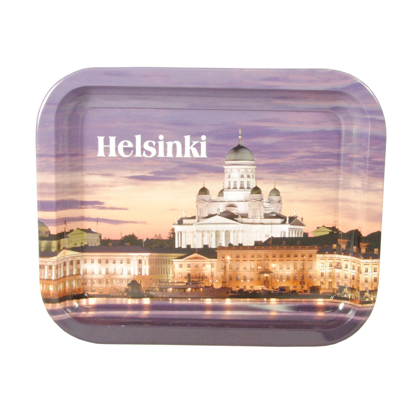 Metallbricka med motiv av Helsingfors domkyrka och texten "HELSINKI", mått 20x16,5 cm.