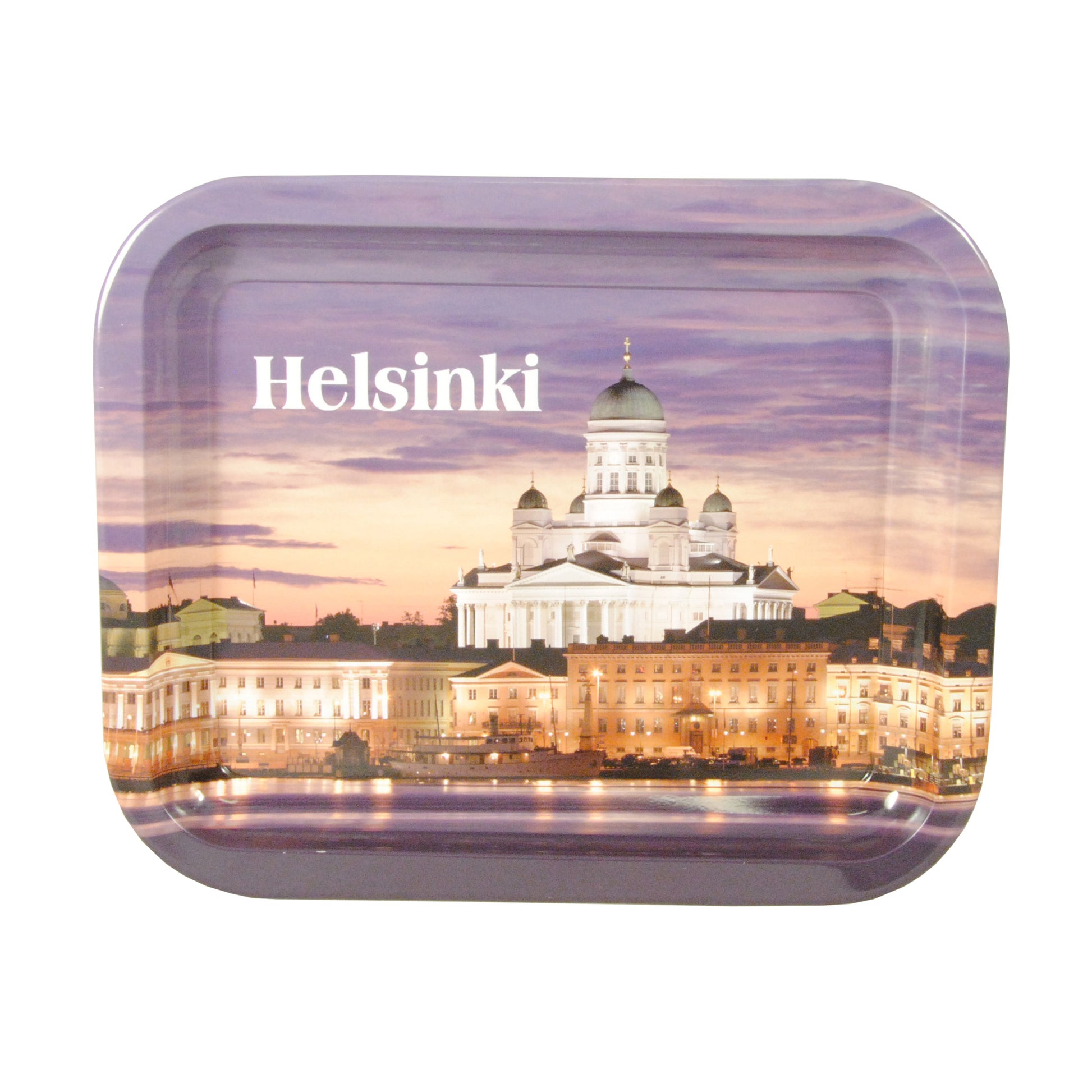 Metallbricka med motiv av Helsingfors domkyrka och texten "HELSINKI", mått 20x16,5 cm.