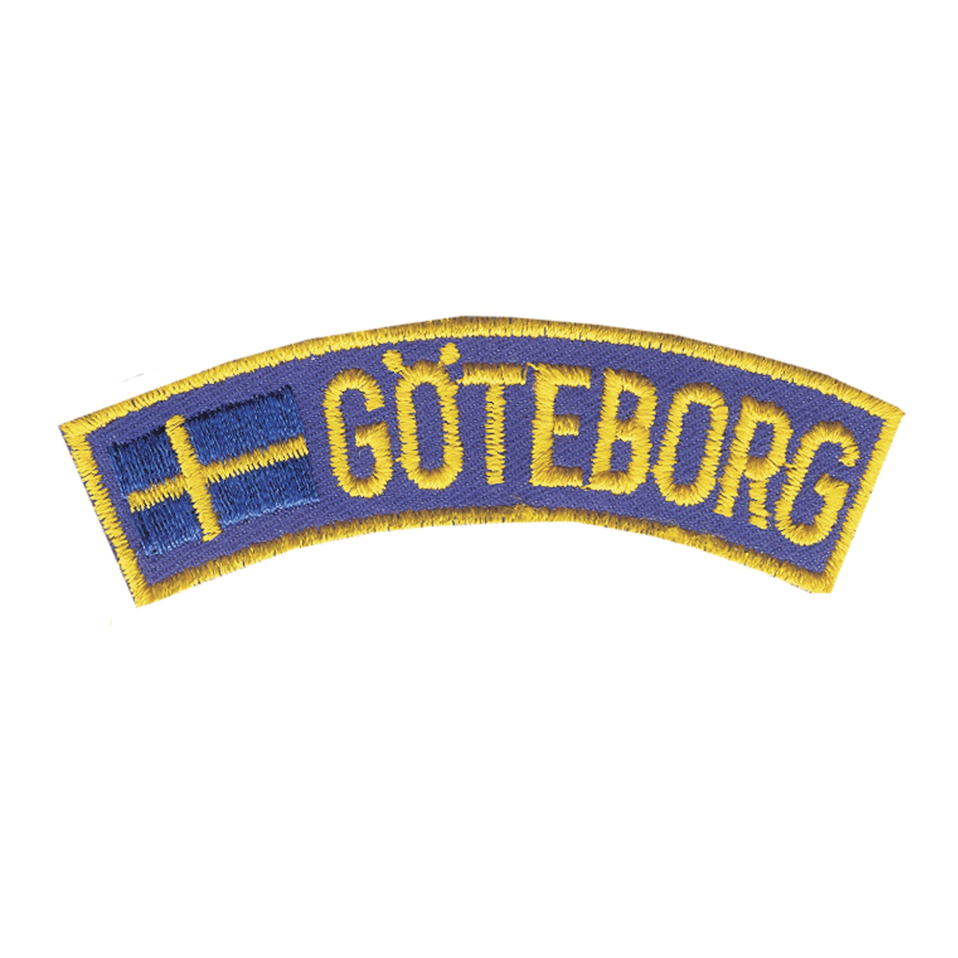 Broderat tygmärke med texten "GÖTEBORG" och en svensk flagga, utformat som en banderoll. Kan sys eller värmas fast på exempelvis väskor.
