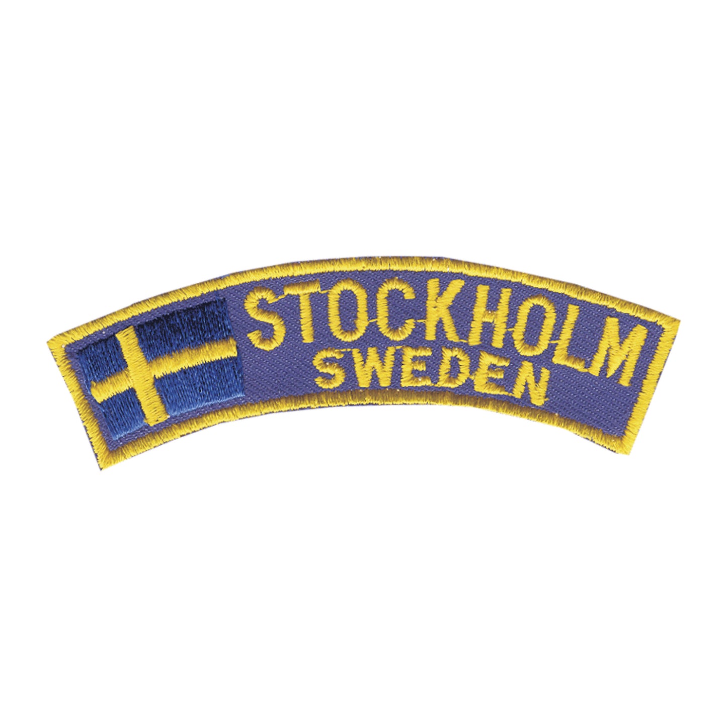 Broderat tygmärke med texten "Stockholm, Sweden", en svensk flagga och banderollmotiv. Stilrent souvenirmärke som kan sys eller värmas fast på jacka eller ryggsäck.