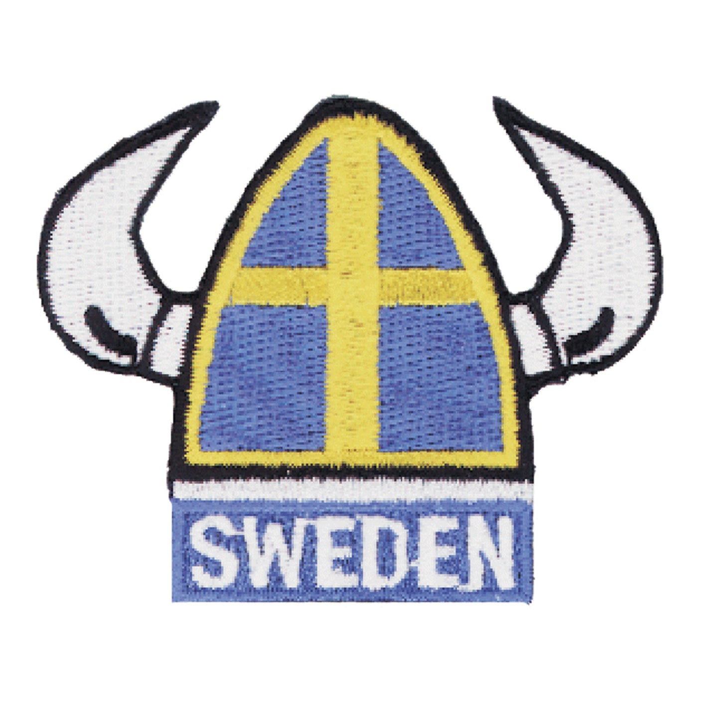 Broderat tygmärke med texten "Sweden" och en vikingahjälm. Detaljrik design i hög kvalitet, kan sys eller värmas fast på kläder eller väskor.