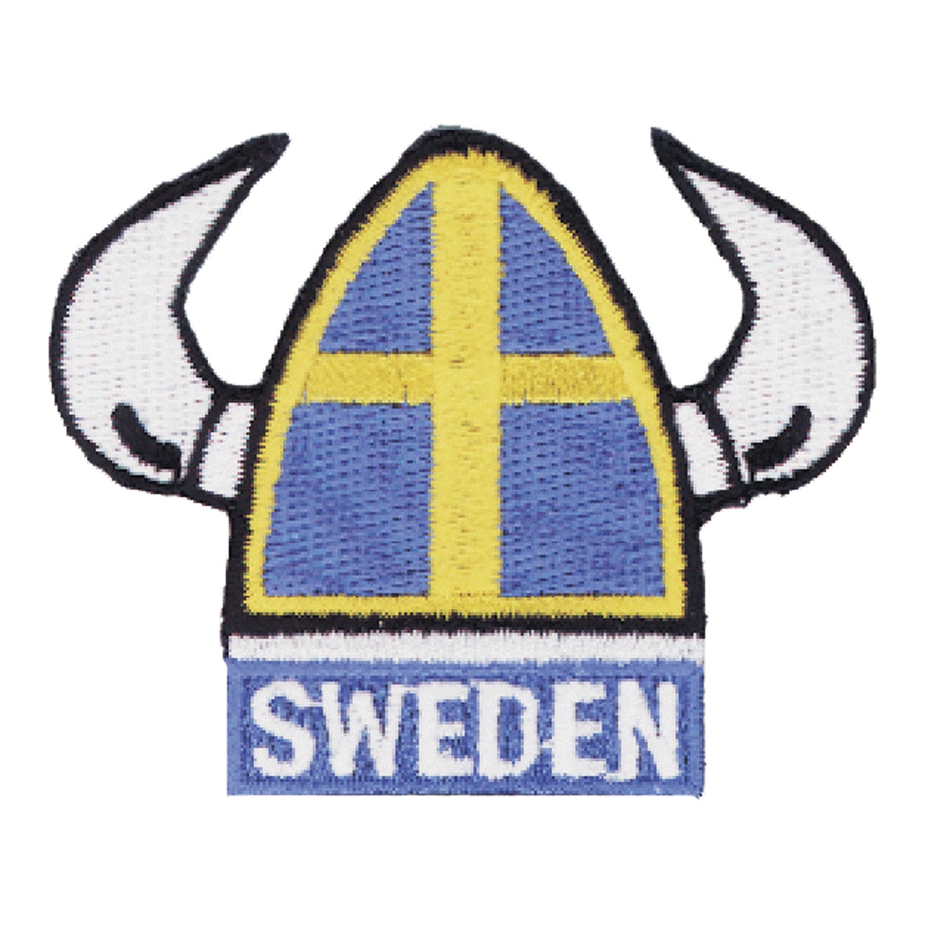 Broderat tygmärke med texten "Sweden" och en vikingahjälm. Detaljrik design i hög kvalitet, kan sys eller värmas fast på kläder eller väskor.