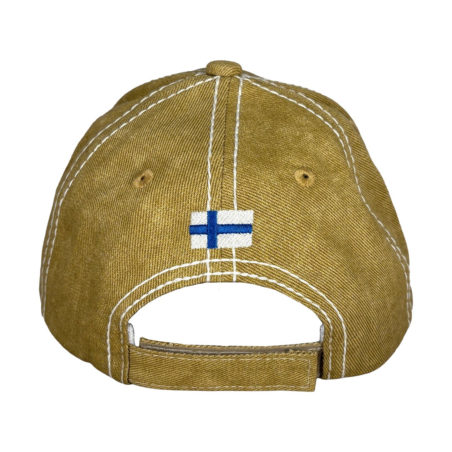 Kepsens baksida med justerbar rem med kardborreband och en liten finsk flagga.

