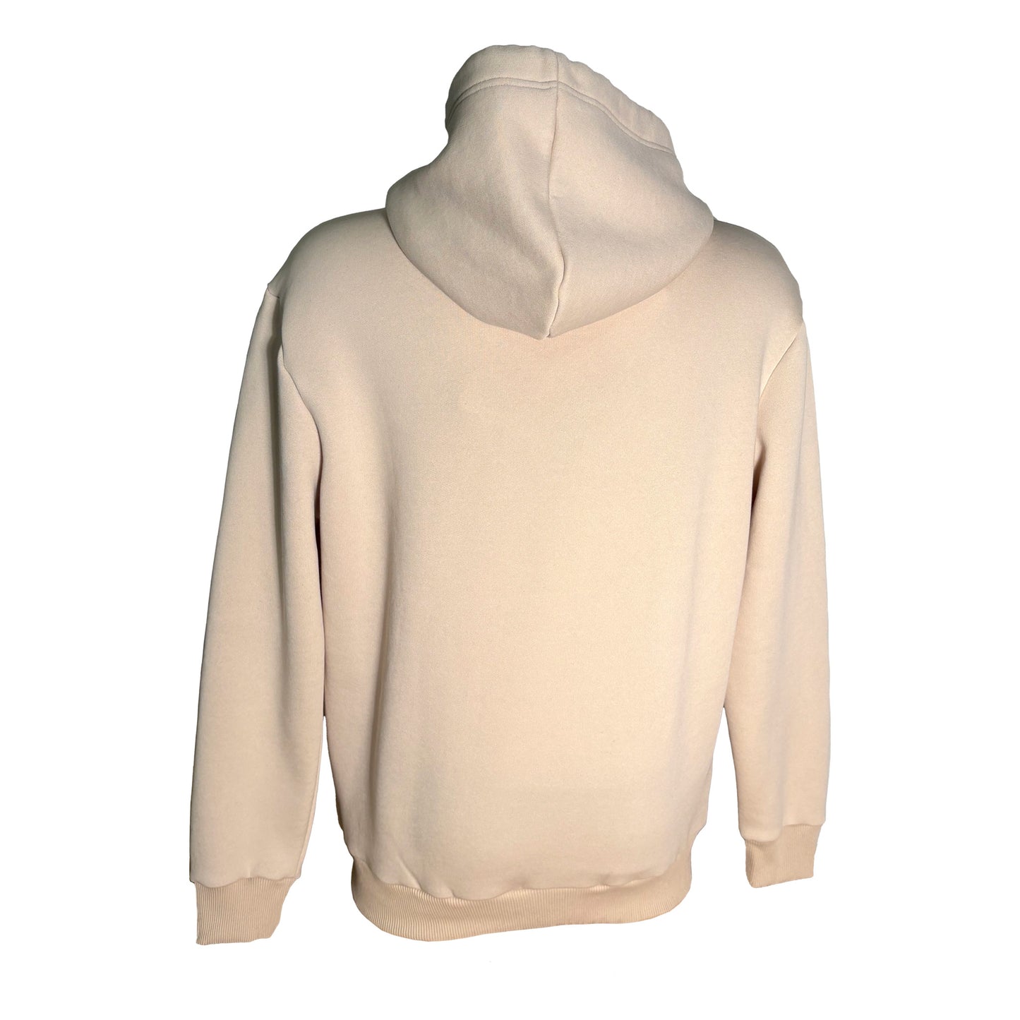 Beige huvtröja med präglat renmotiv och texten Finland - sedd bakifrån.