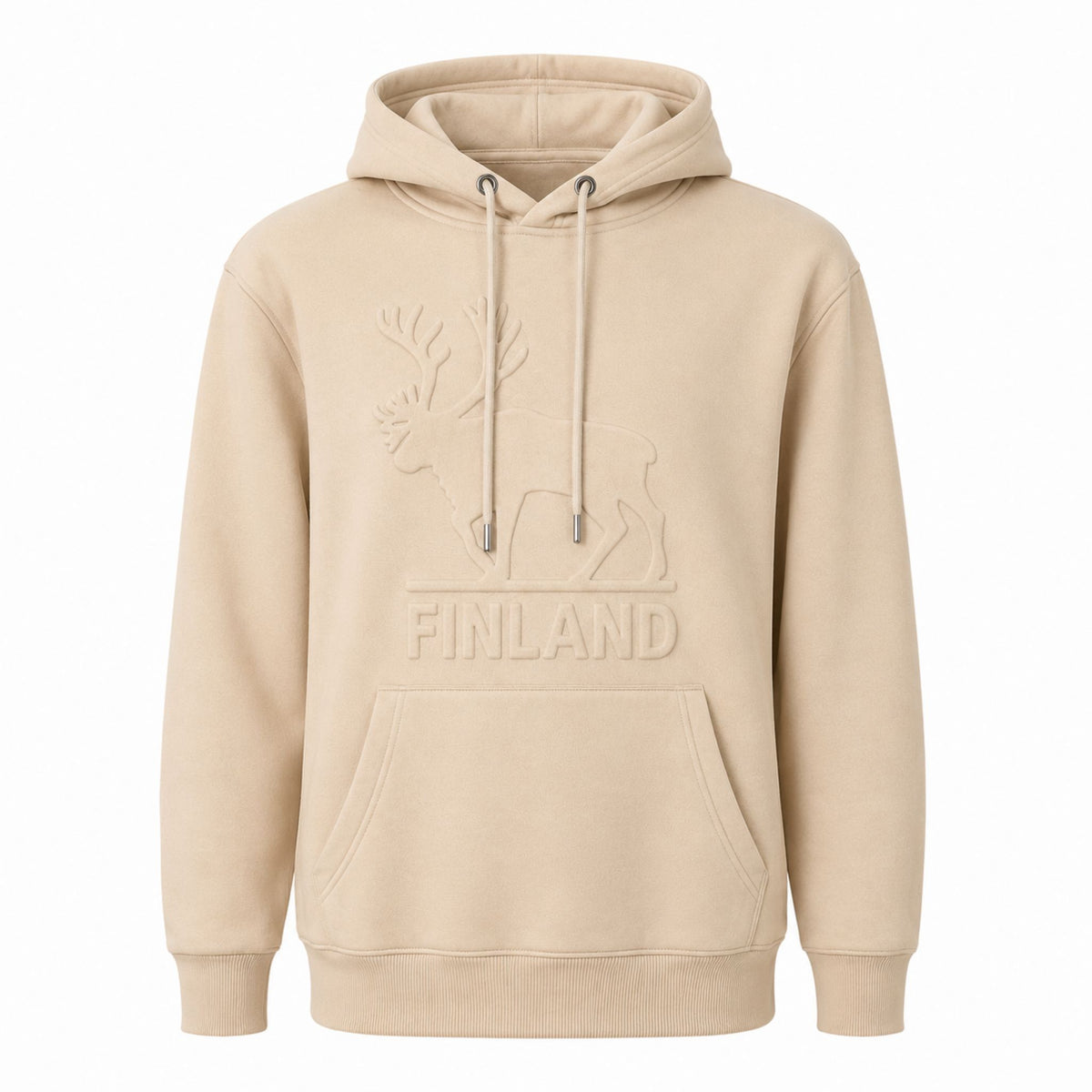 Beige huvtröja med präglat renmotiv och texten Finland. 