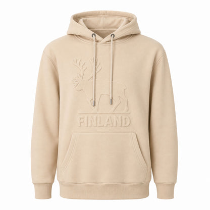 Beige huvtröja med präglat renmotiv och texten Finland. 