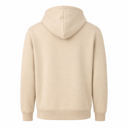 Beige huvtröja med präglat älgmotiv och texten Sweden - sedd bakifrån.
