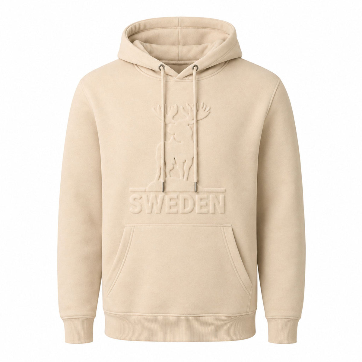 Beige huvtröja med präglat älgmotiv och texten Sweden. 