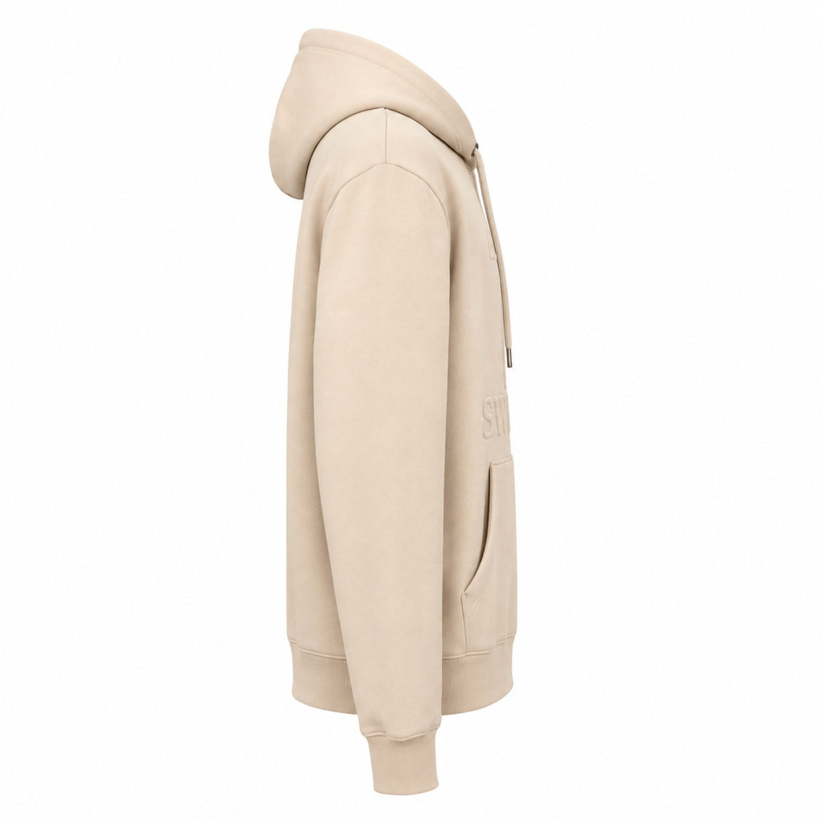 Beige huvtröja med präglat älgmotiv och texten Sweden - sedd från sidan. 