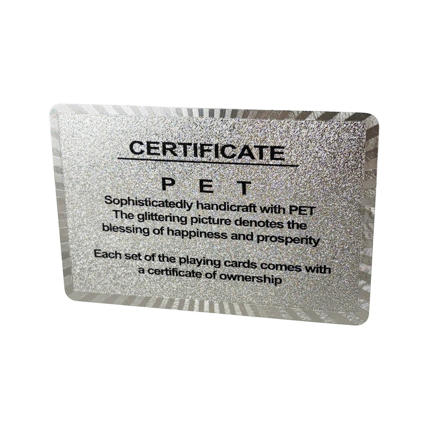 Certifikat som medföljer kortleken, med text om hantverk, material och symbolik.

