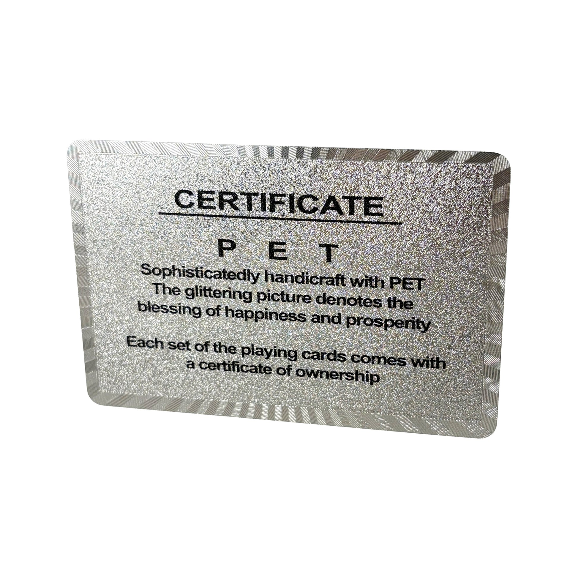 Certifikat som medföljer kortleken, med text om hantverk, material och symbolik.

