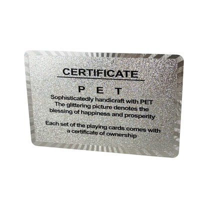 Certifikat som medföljer kortleken, med text om hantverk, material och symbolik.

