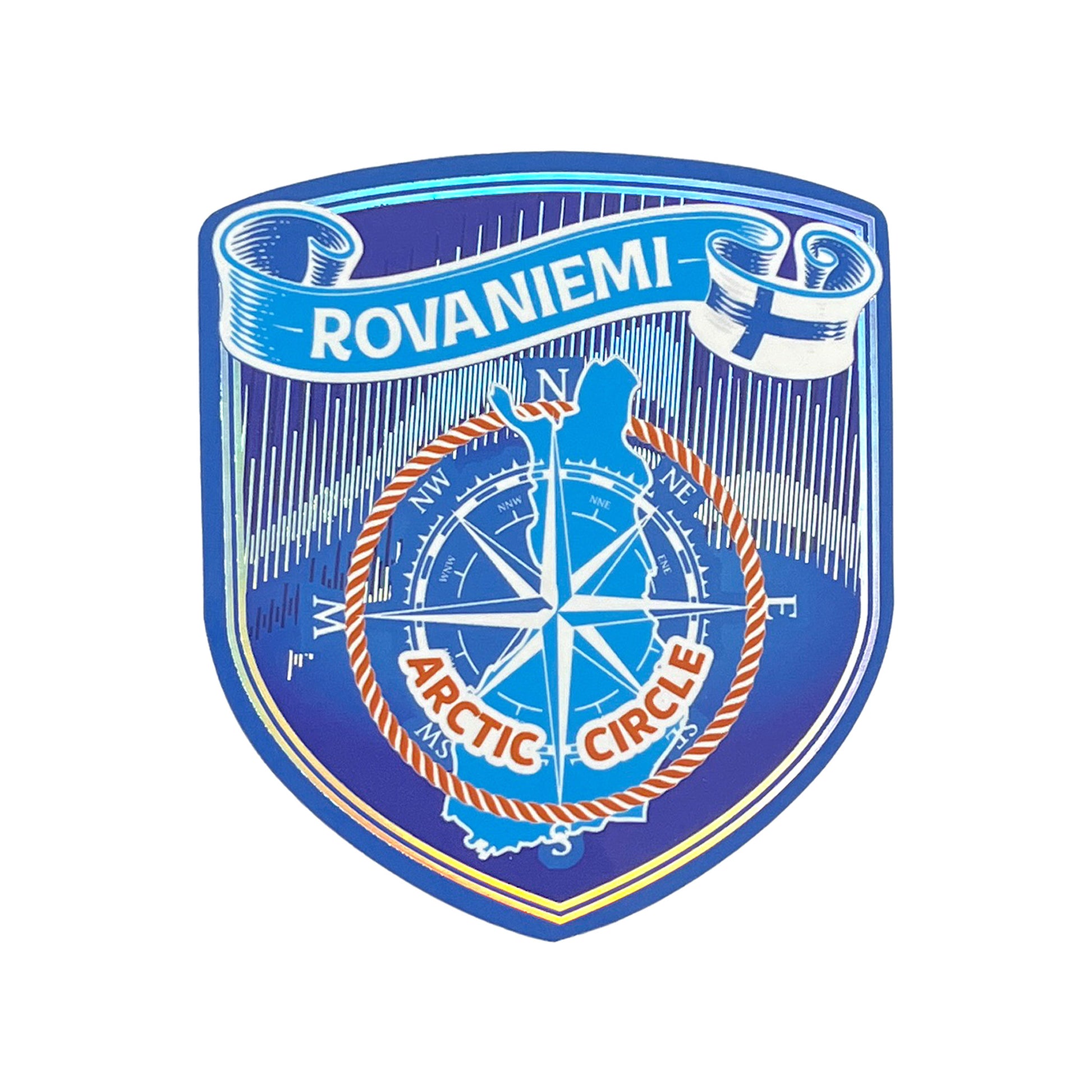Dekal med kompassros, konturer av Finland, finsk flagga och texterna "Rovaniemi" och "Arctic Circle". 