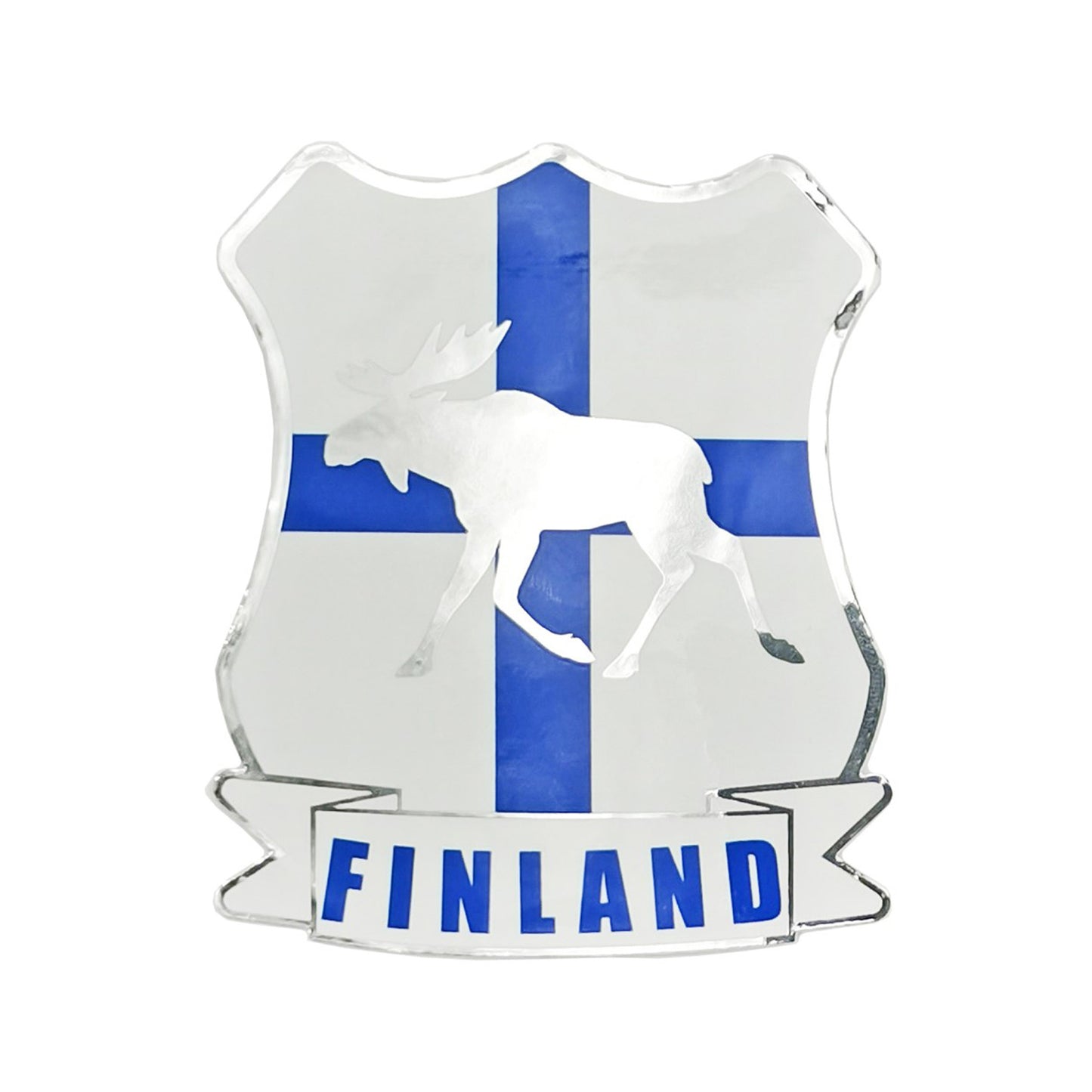 Sköldformad dekal med finska flaggan och en älg, samt texten "FINLAND" i en banderoll längst ned.