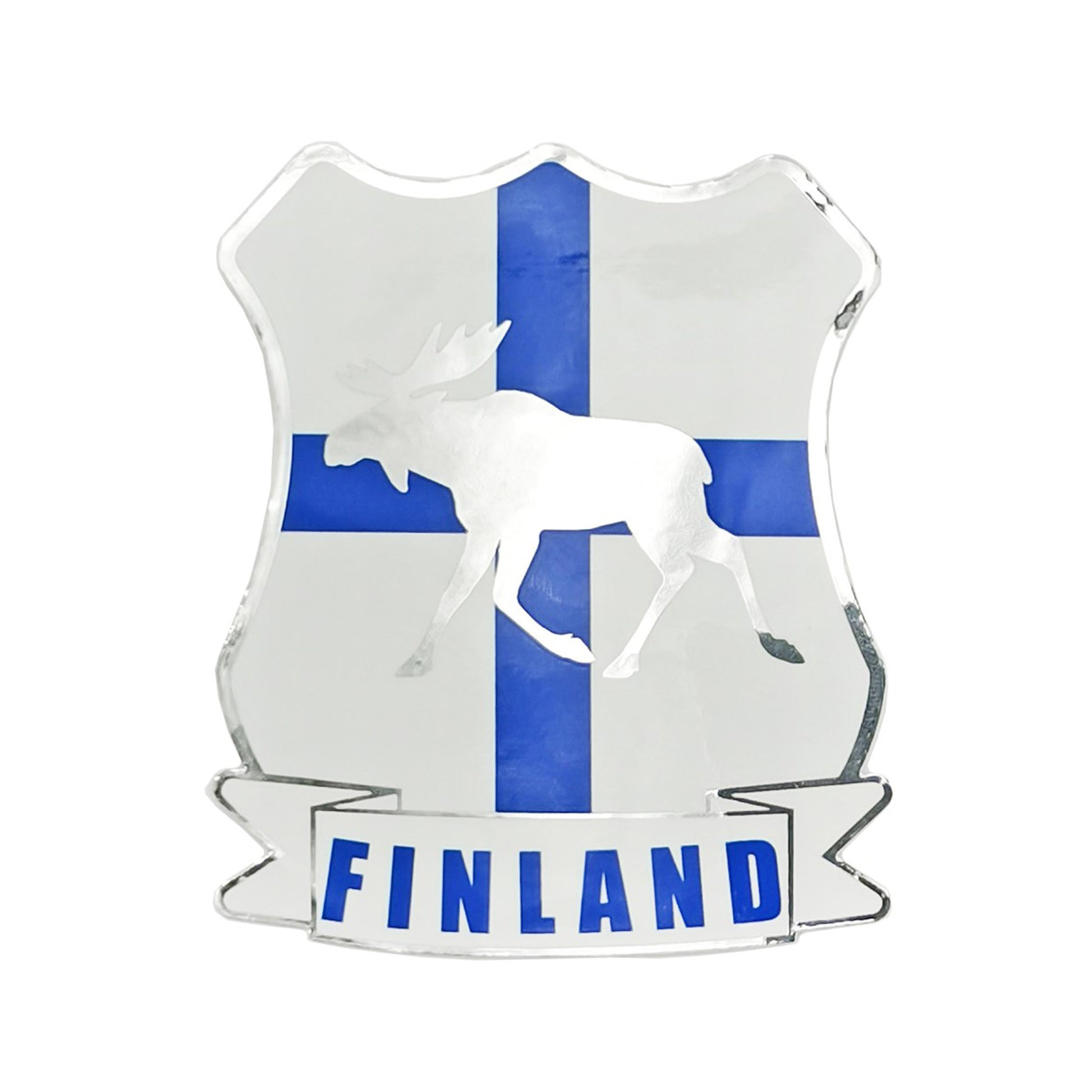 Sköldformad dekal med finska flaggan och en älg, samt texten "FINLAND" i en banderoll längst ned.