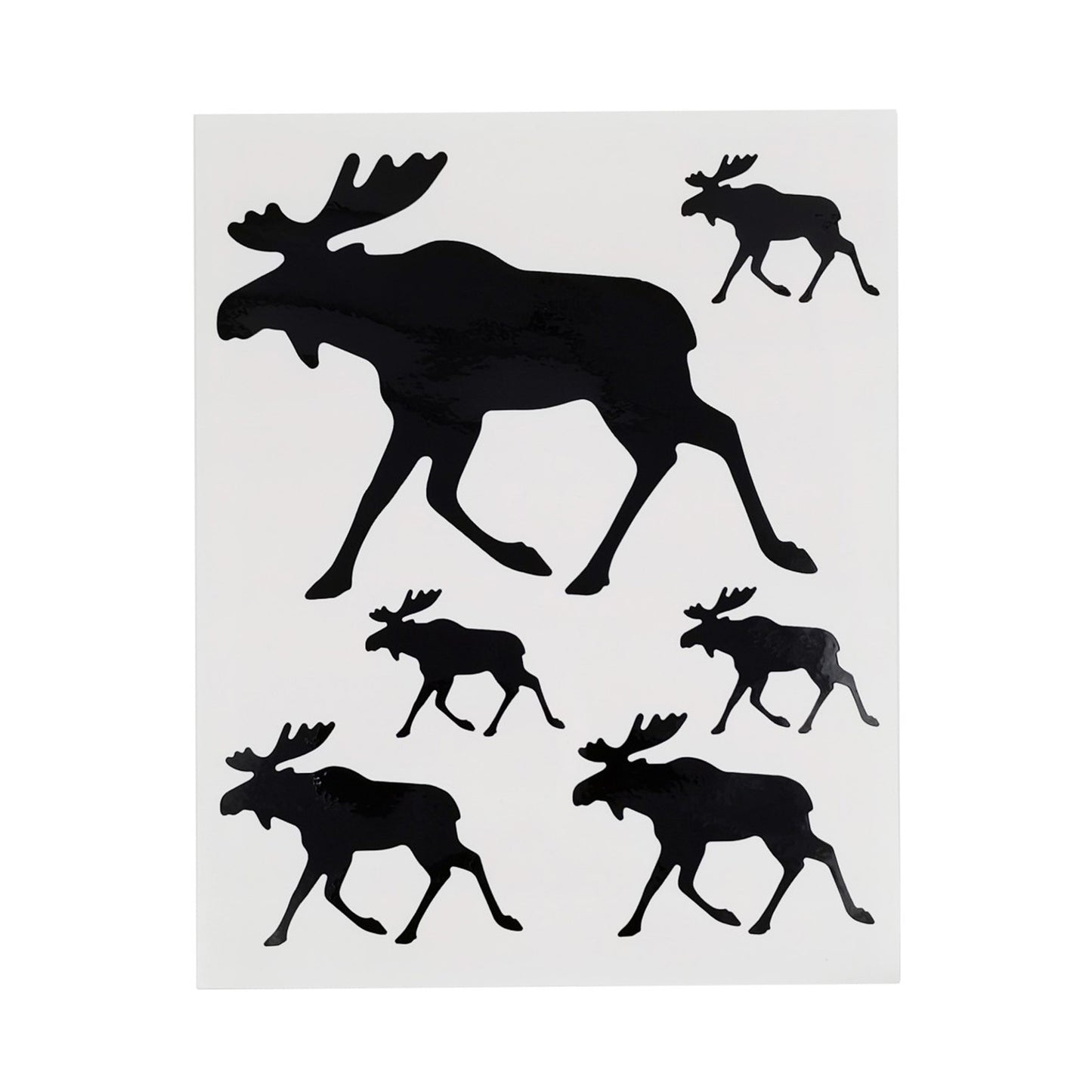 Paket med 6 dekaler med älgsiluett från Finland i varierande storlekar, totalt 17 x 14 cm. Största dekalen passar på husbil eller husvagn, de mindre är perfekta för mopeder, sparkcyklar eller resväskor.