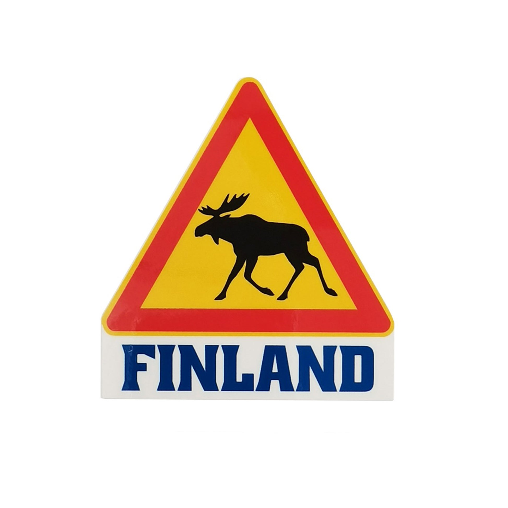 Varningsdekal med älg och texten "FINLAND" – ett skojigt klistermärke som passar överallt.