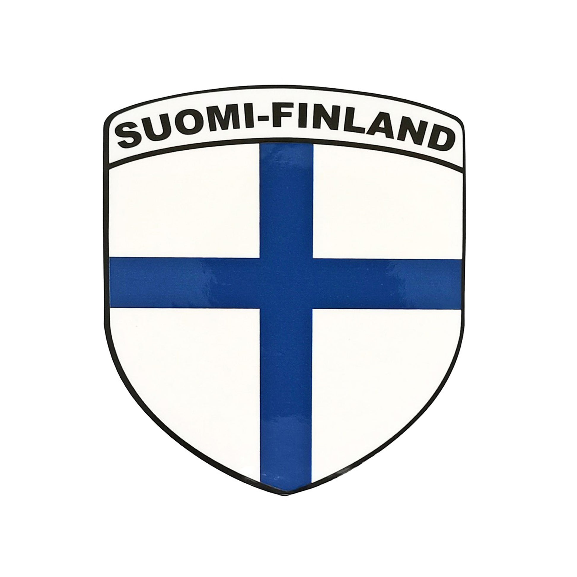 Sköldformad dekal med finska flaggan och texten Soumi-Finland – passar alla slags fordon från lastbil till sparkcykel.