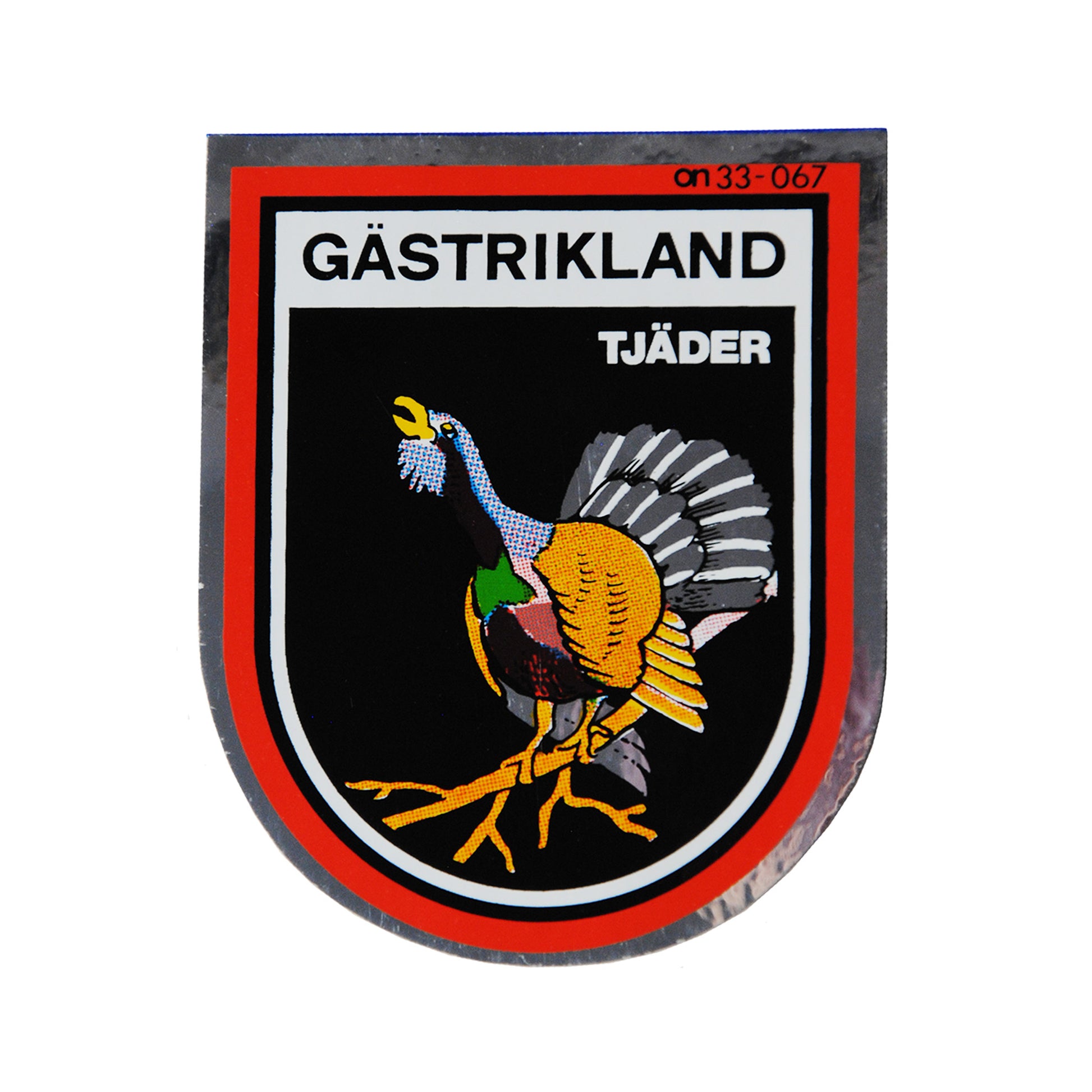 Sköldformad dekal med tjädermotiv från Gästrikland.