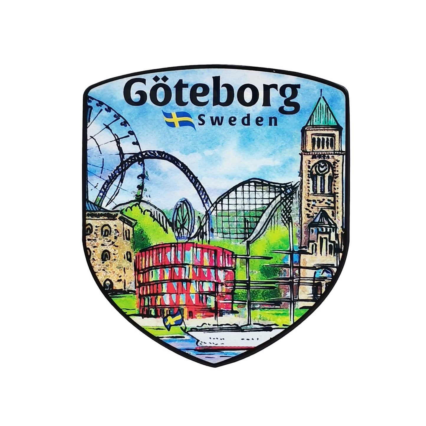 Sköldformad dekal med motiv från Göteborg, texten "Göteborg Sweden" i svart och en svensk flagga.