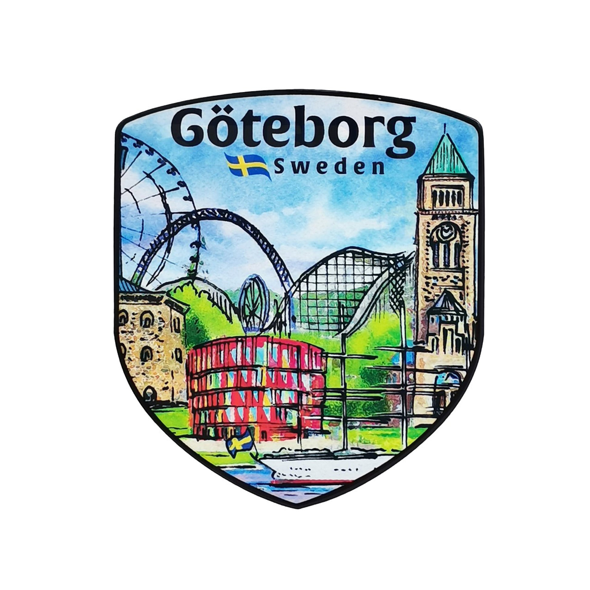 Sköldformad dekal med motiv från Göteborg, texten "Göteborg Sweden" i svart och en svensk flagga.