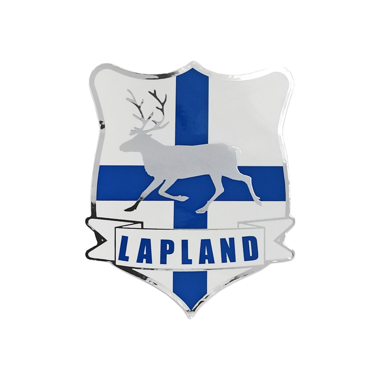 Sköldformad dekal med finska flaggan och en ren, samt texten "LAPLAND" i en banderoll längst ned.