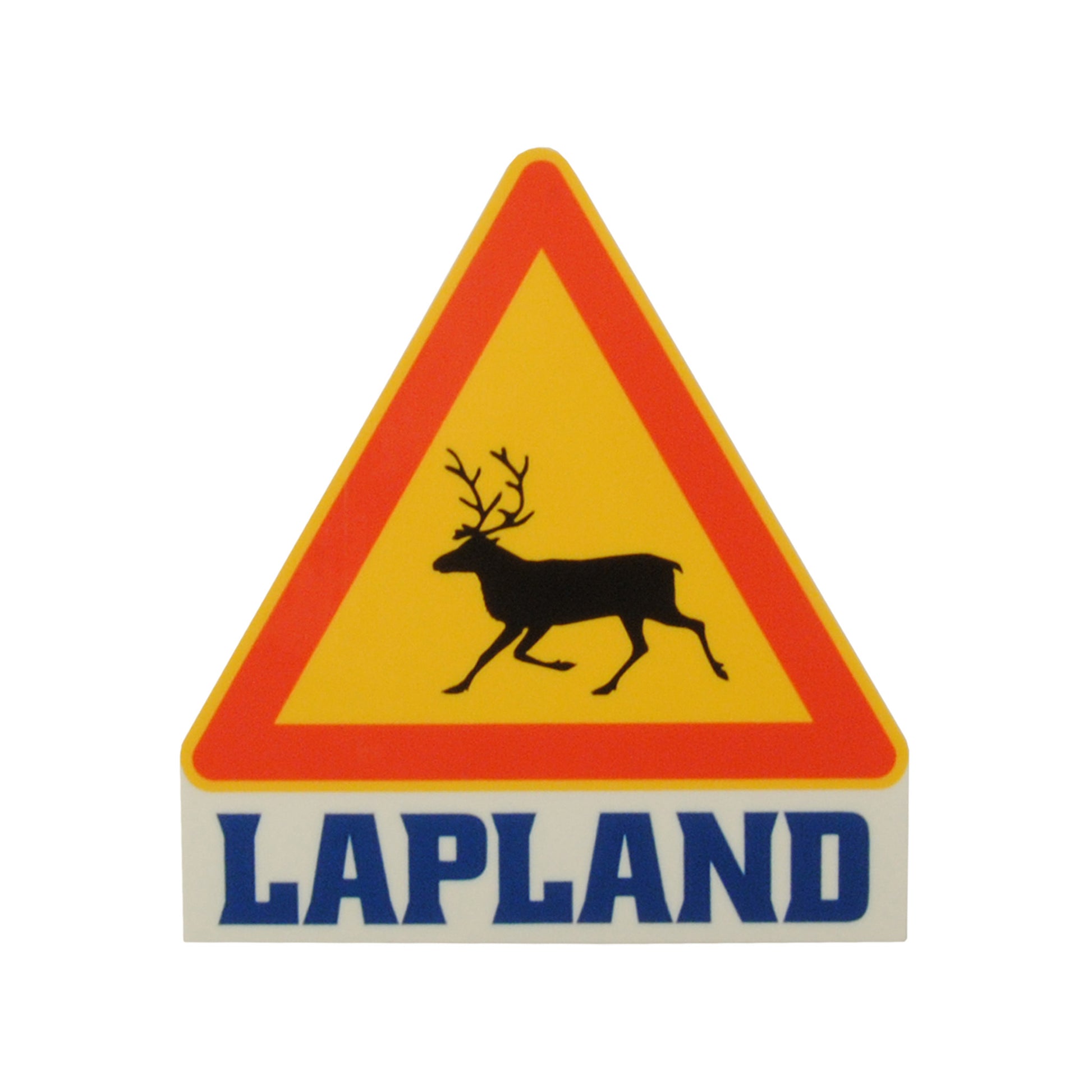 Klistermärke med varningsskylt för ren och texten “LAPLAND”. Passar perfekt som souvenir från resor i Lappland, både i Sverige och Finland. Lekfull och dekorativ design.